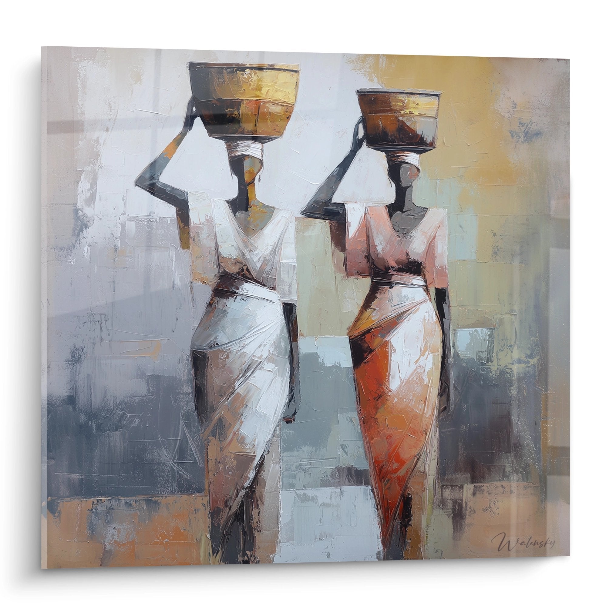 Tableau moderne représentant deux femmes africaines élégantes portant des récipients, style semi-abstrait tons terreux
