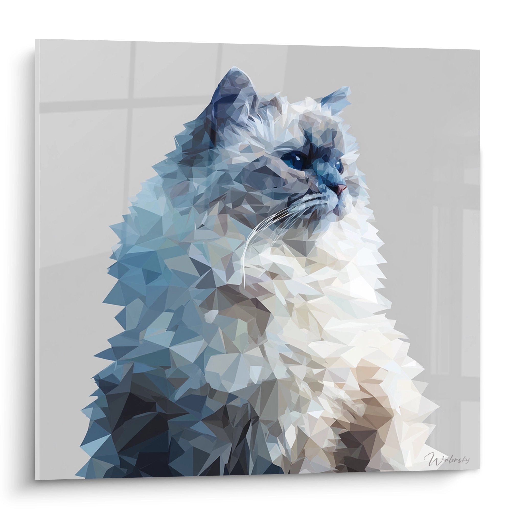 Tableau art polygonal chat sibérien bleu et blanc style géométrique moderne décoration murale