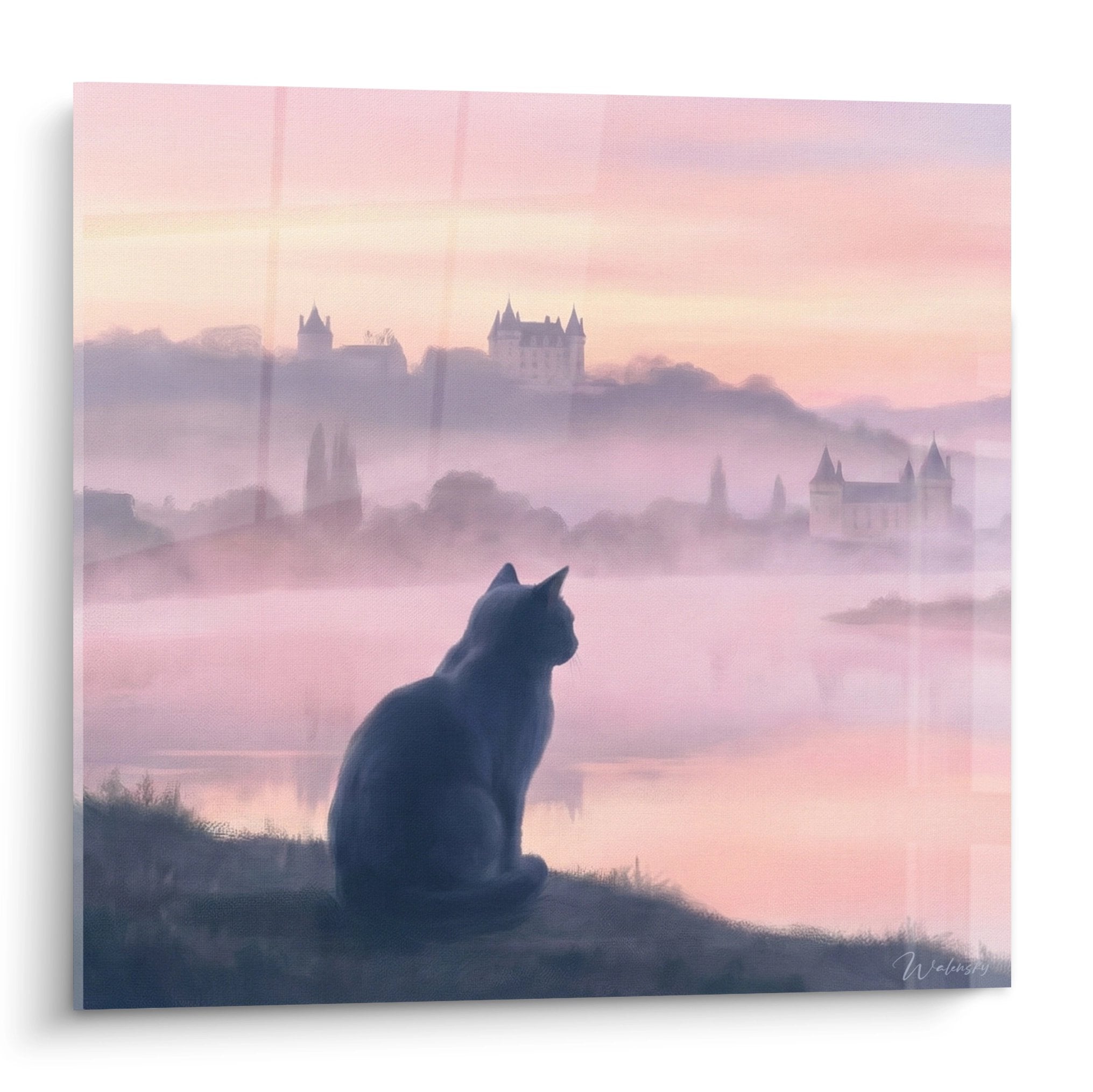 Tableau chat Chartreux silhouette contemplant paysage brumeux tons roses chateau medieval aurore matinale
