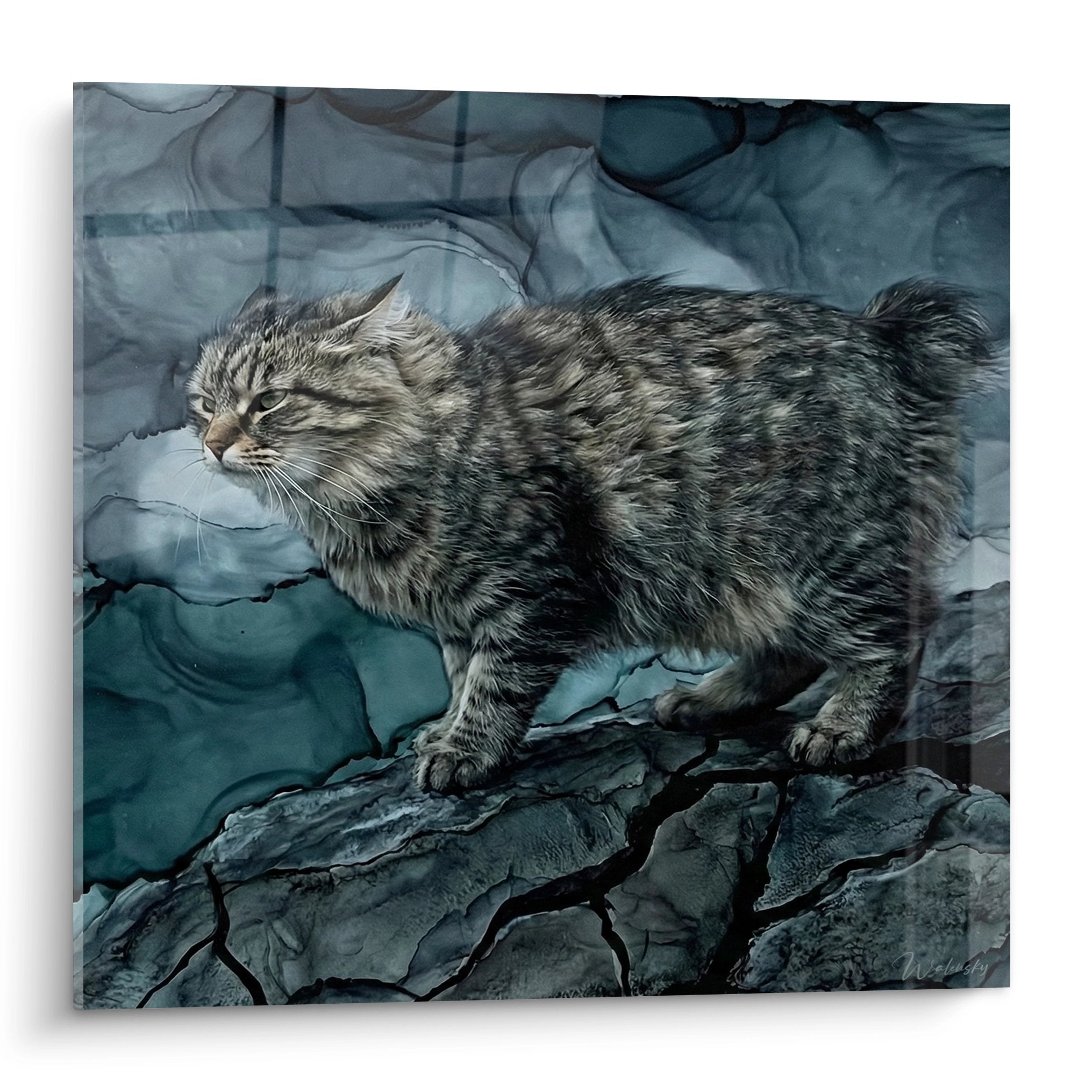 Painting depicting a tabby Kurilian Bobtail cat on cracked blue rocks in realistic style