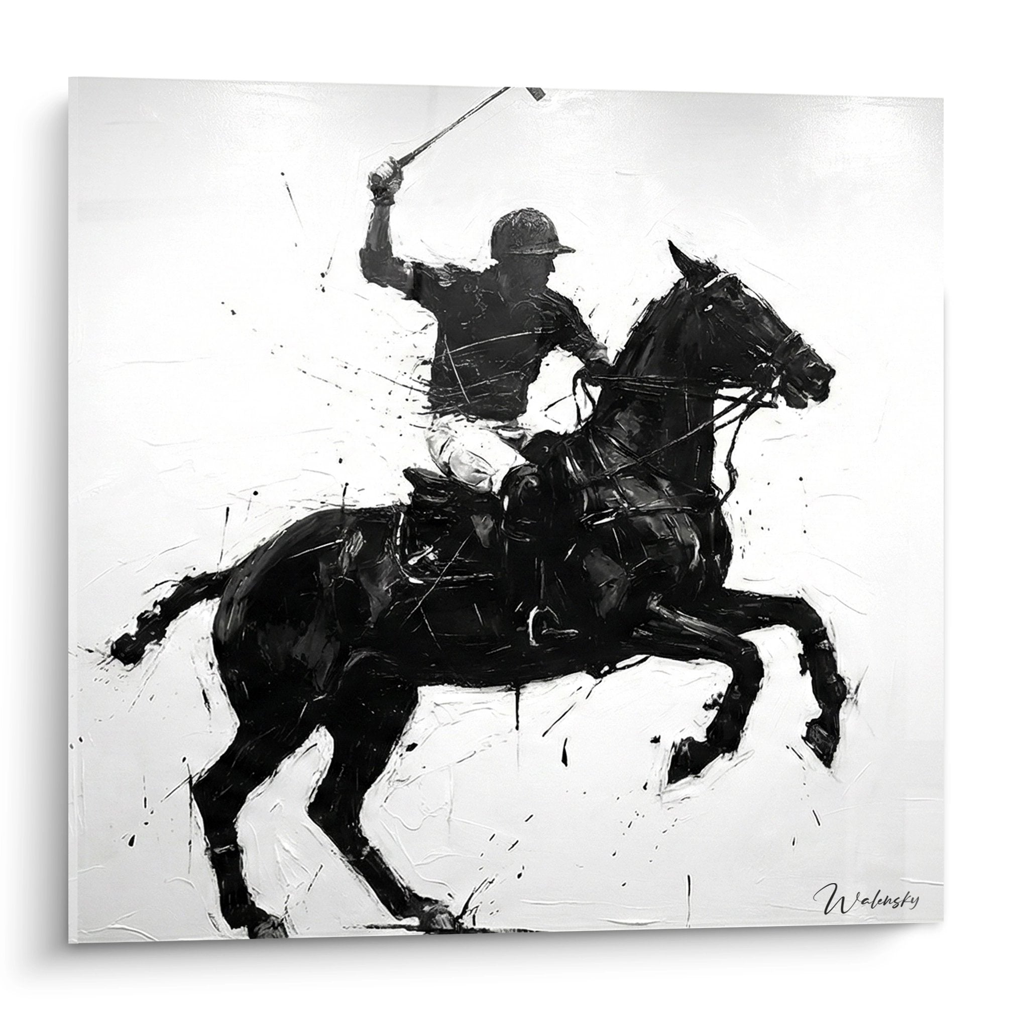 Black and white polo painting depicting a rider in action wielding his mallet on horseback