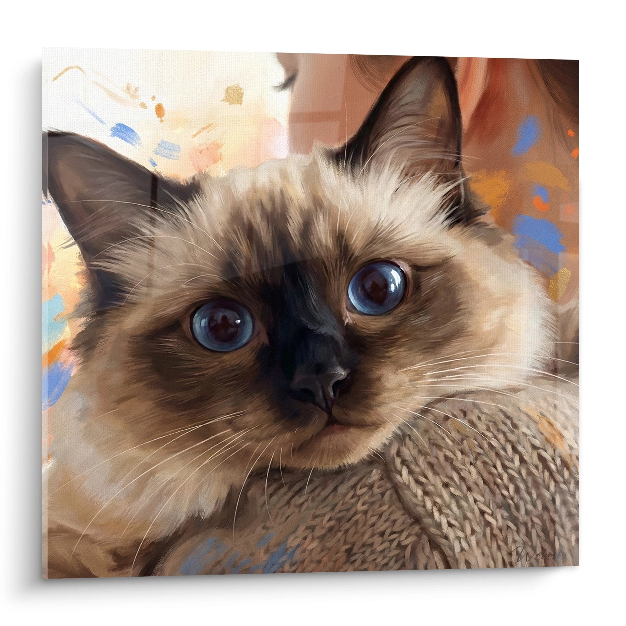 Künstlerisches Porträtgemälde einer balinesischen Katze mit durchdringend blauen Augen, braun-cremefarbenes Fell, dekoratives Katzen-Wandkunstwerk