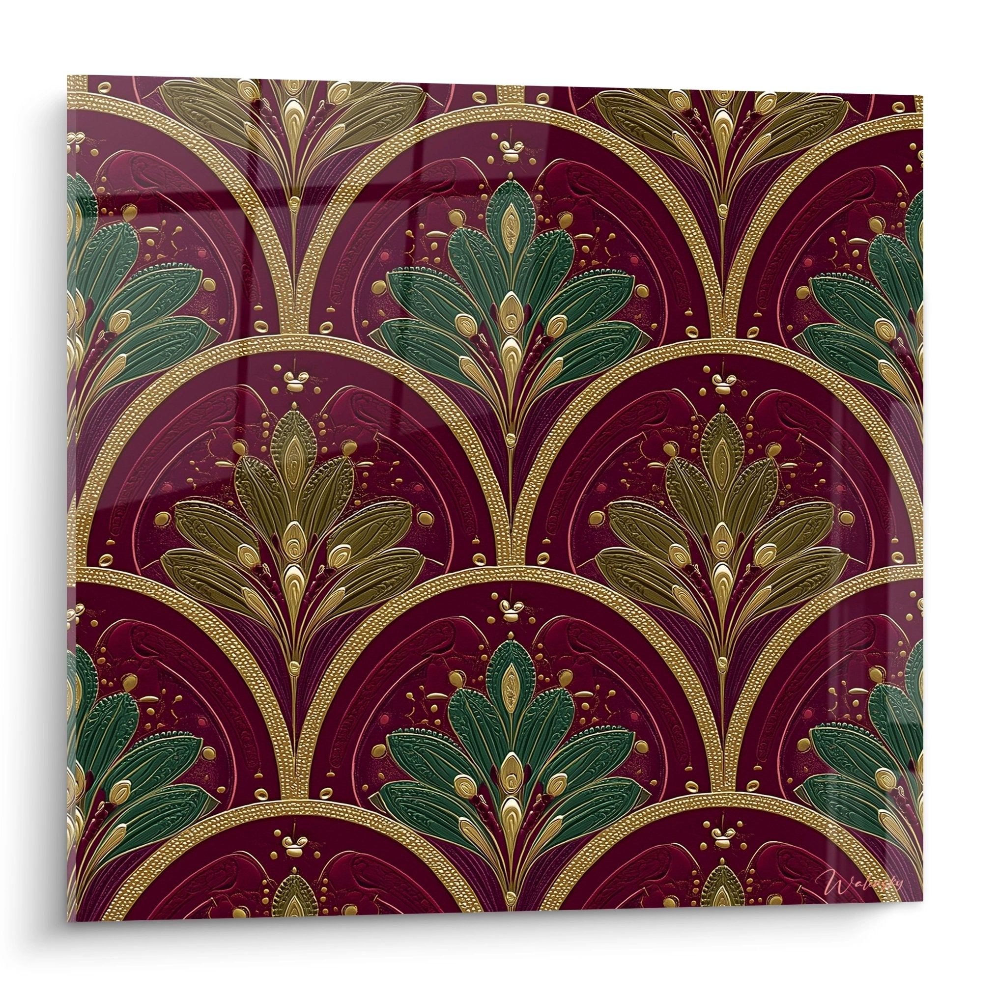 Tableau art deco motifs floraux eventails bordeaux or vert decoration murale vintage elegante