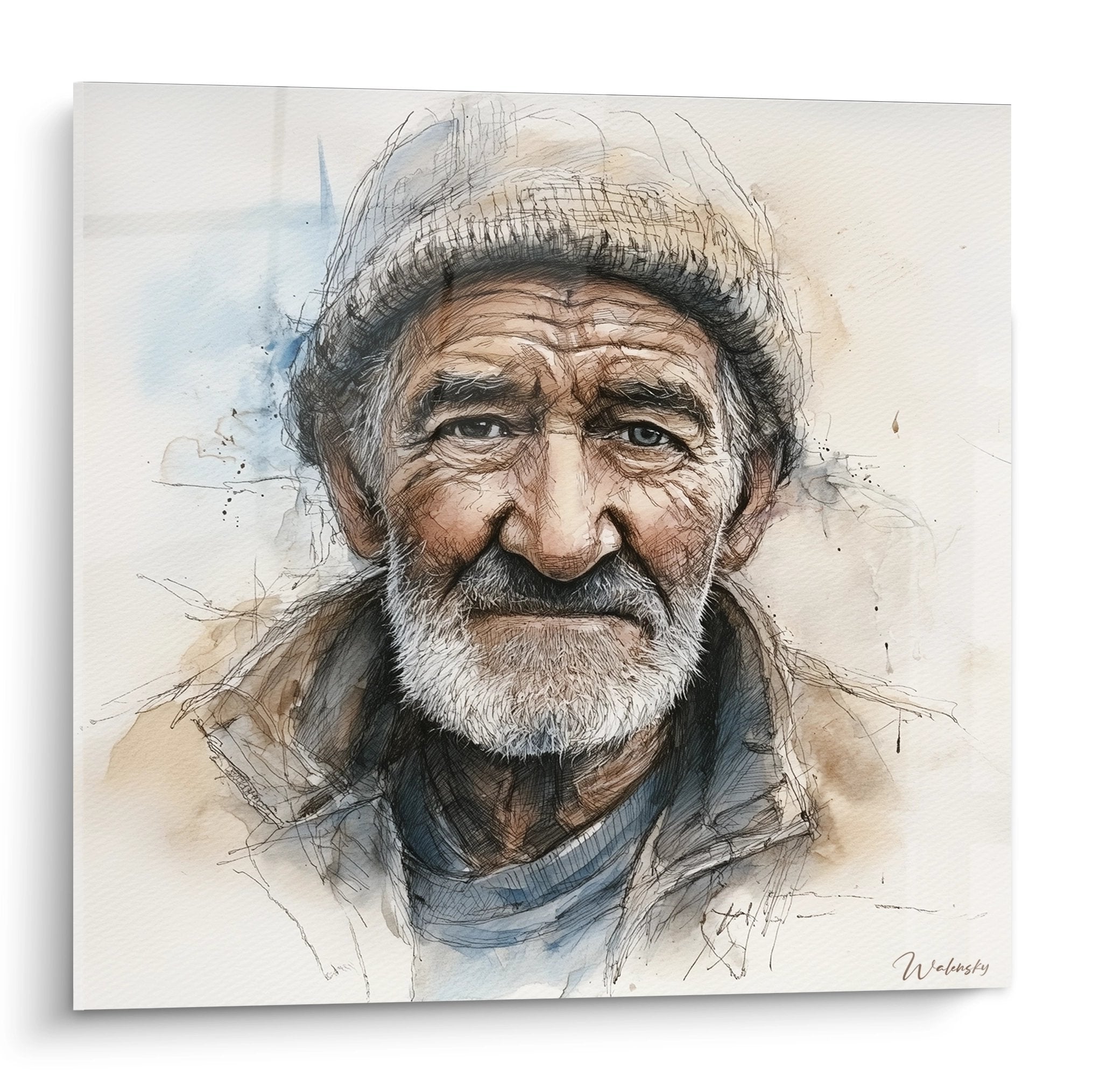 Portrait aquarelle d'un berger corse traditionnel au regard bienveillant, bonnet de laine et barbe blanche