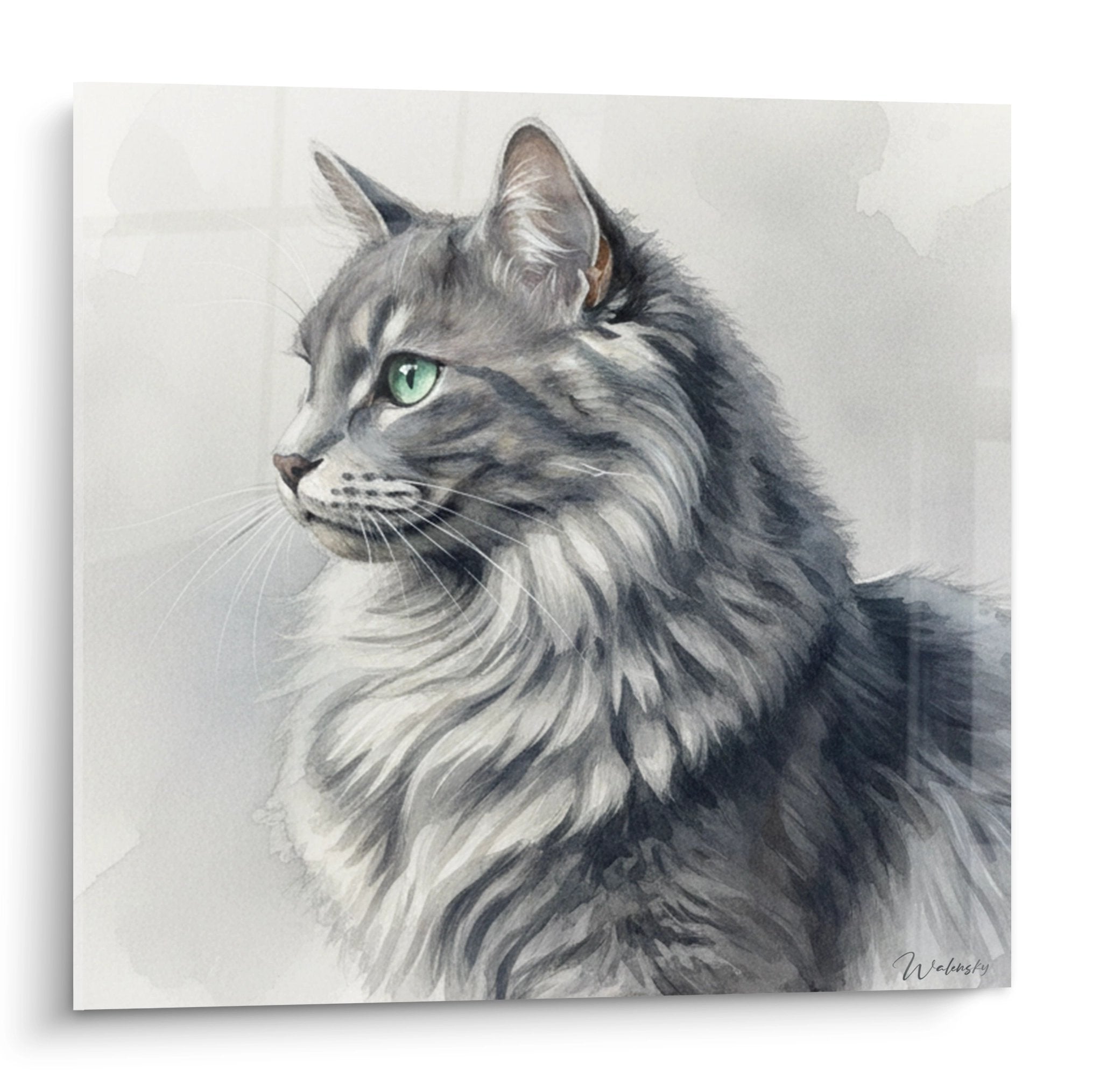 Künstlerisches Porträt einer grauen Nebelung-Katze mit grünen Augen, seidiges halblanges Fell, realistischer Stil auf neutralem Hintergrund