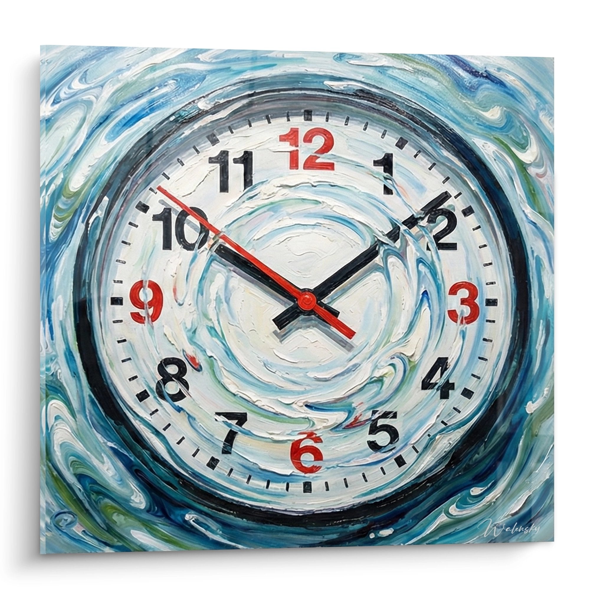 Tableau horloge artistique avec tourbillon aquatique bleu et blanc, cadran rond, aiguilles noires et rouges
