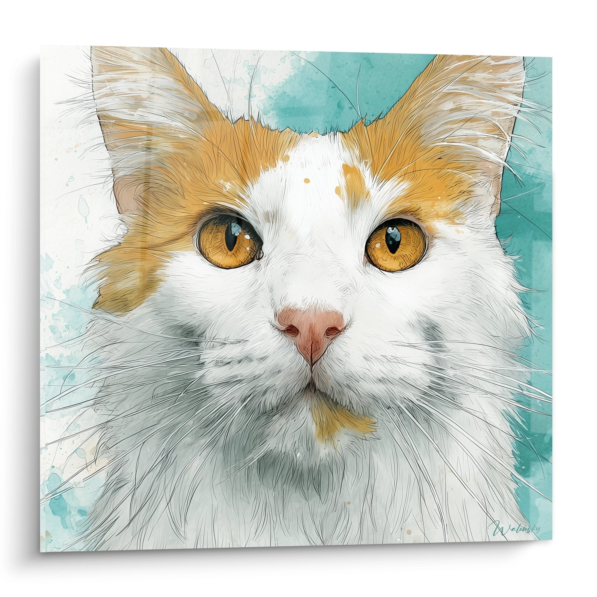 Portrait artistique chat Turkish Van yeux ambrés fond turquoise tableau décoratif félin