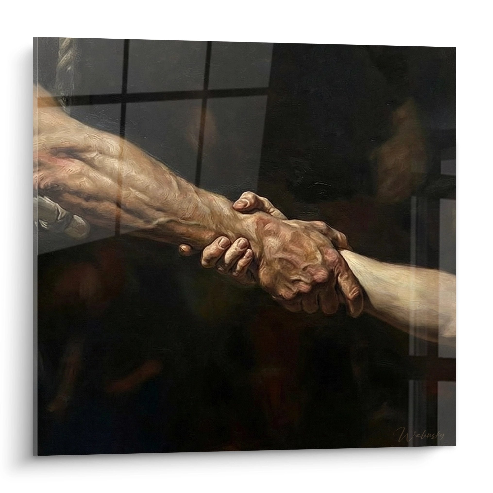 Realistic painting depicting two intertwined hands symbolizing human connection and solidarity