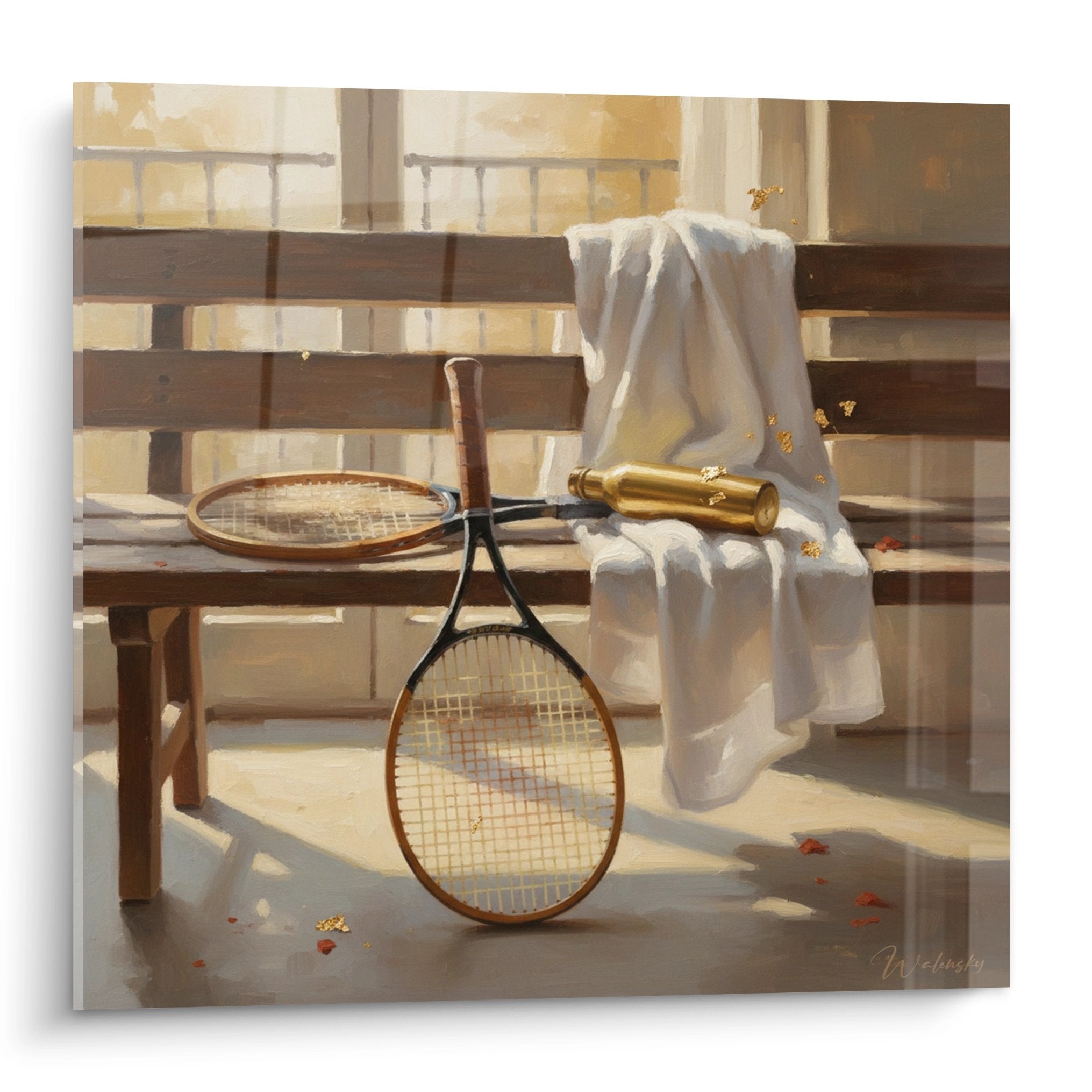 Nature morte tennis vintage avec raquettes en bois et tube de balles doré sur banc, lumière naturelle