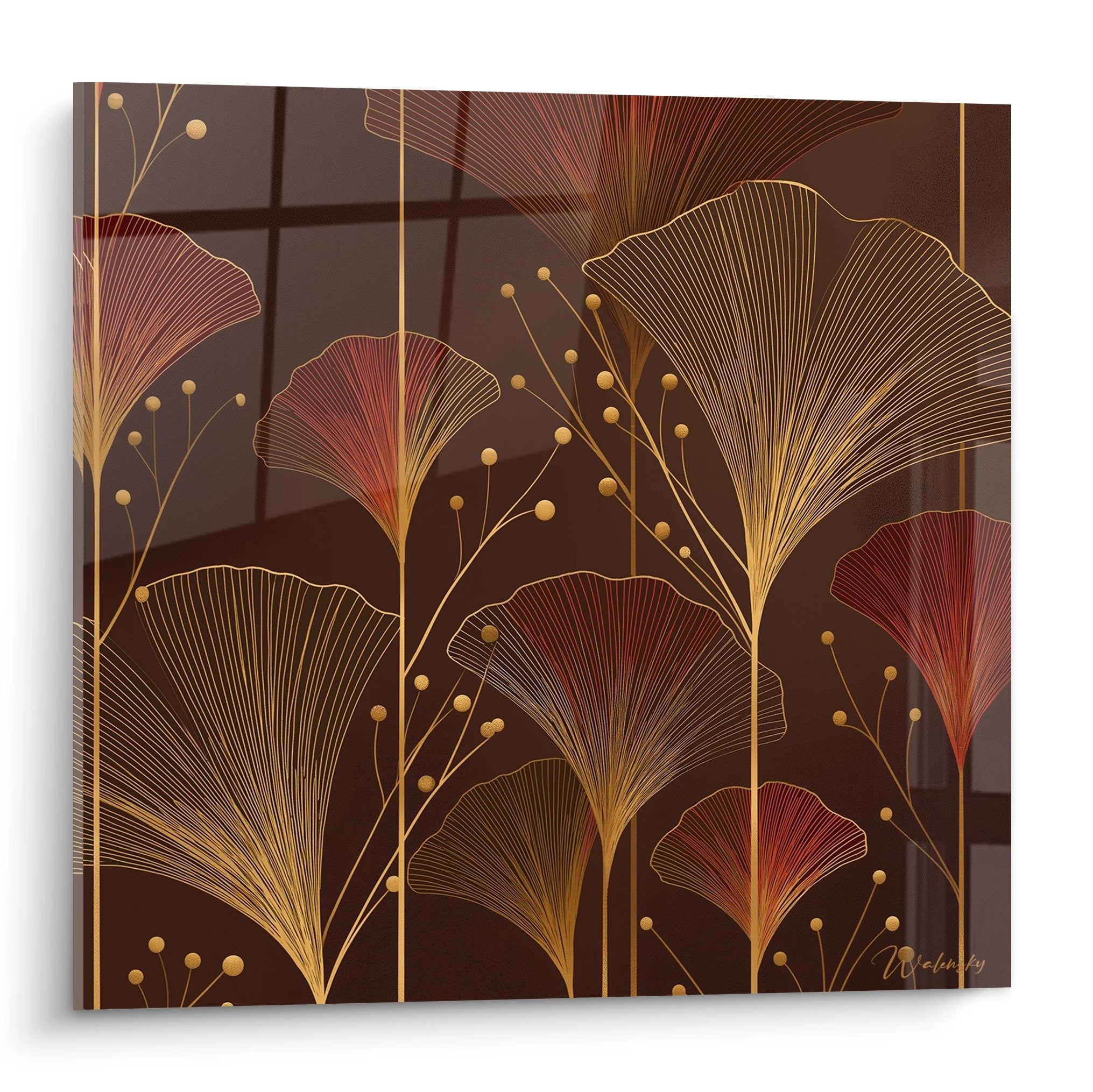Tableau art deco feuilles de ginkgo dorees sur fond brun style annees 1920 decoration murale elegante
