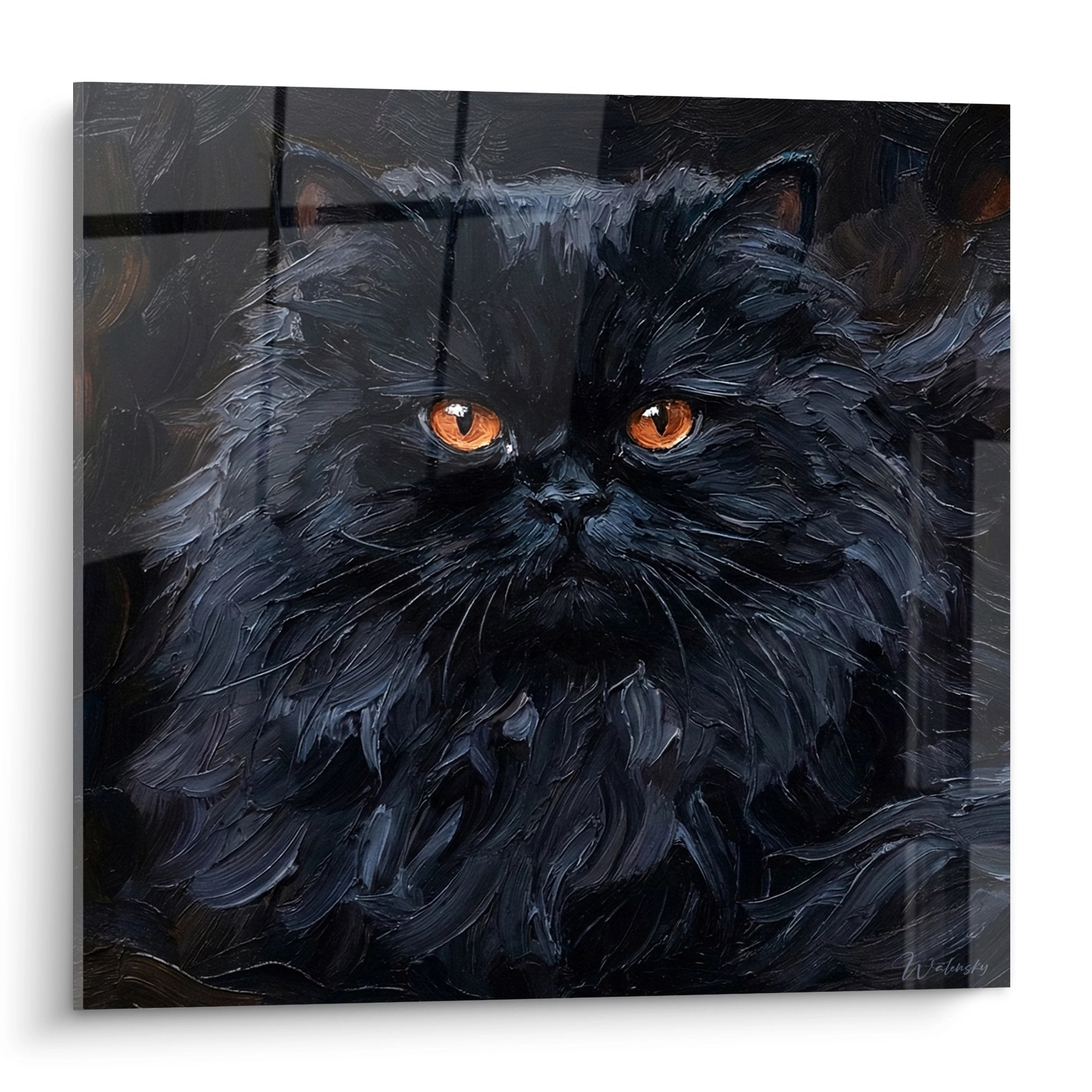 Tableau peinture chat Persan noir aux yeux cuivrés, technique impressionniste, regard intense et mystérieux