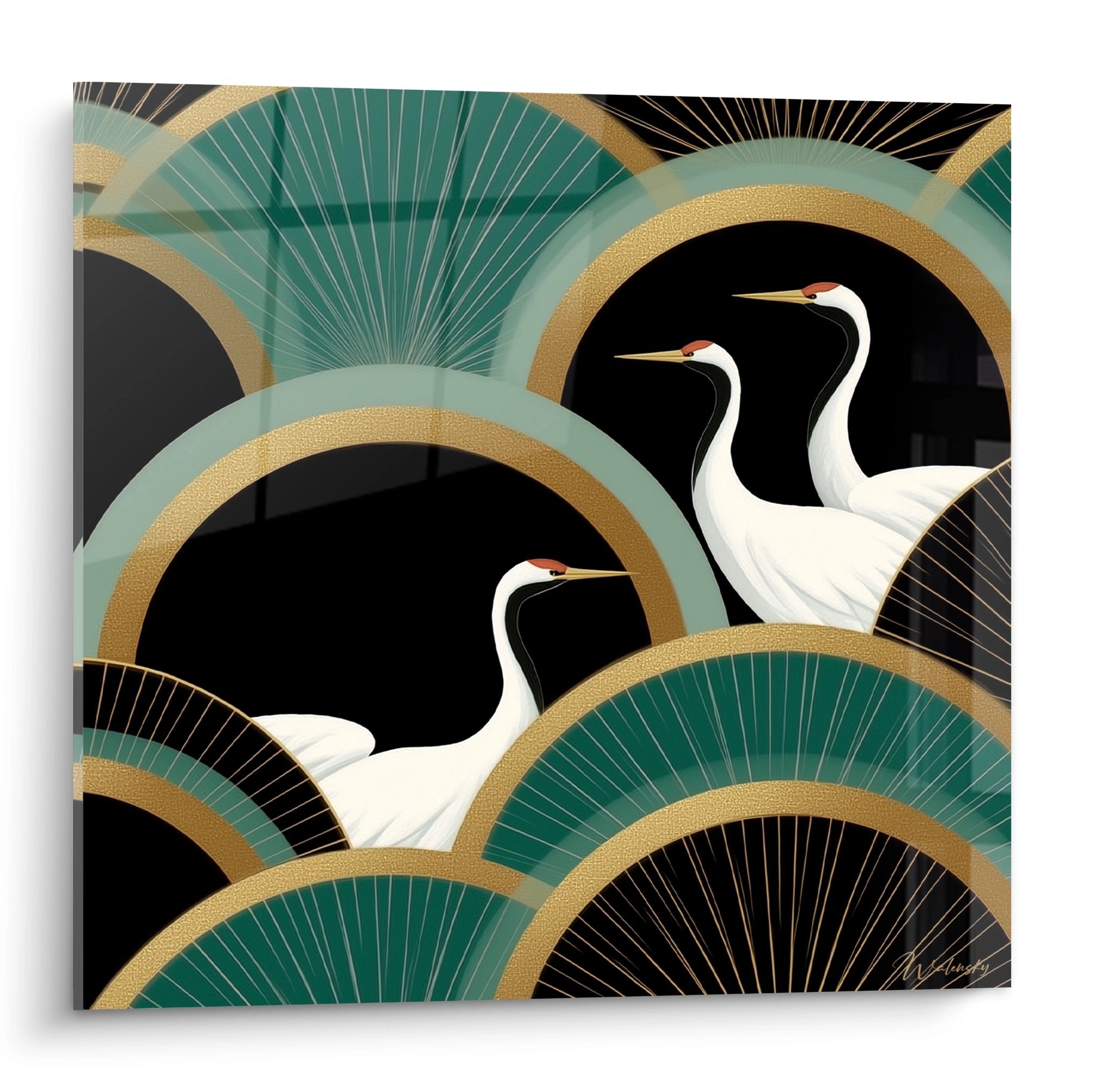 Art deco wall art featuring three elegant white cranes on gold and green geometric patterns
