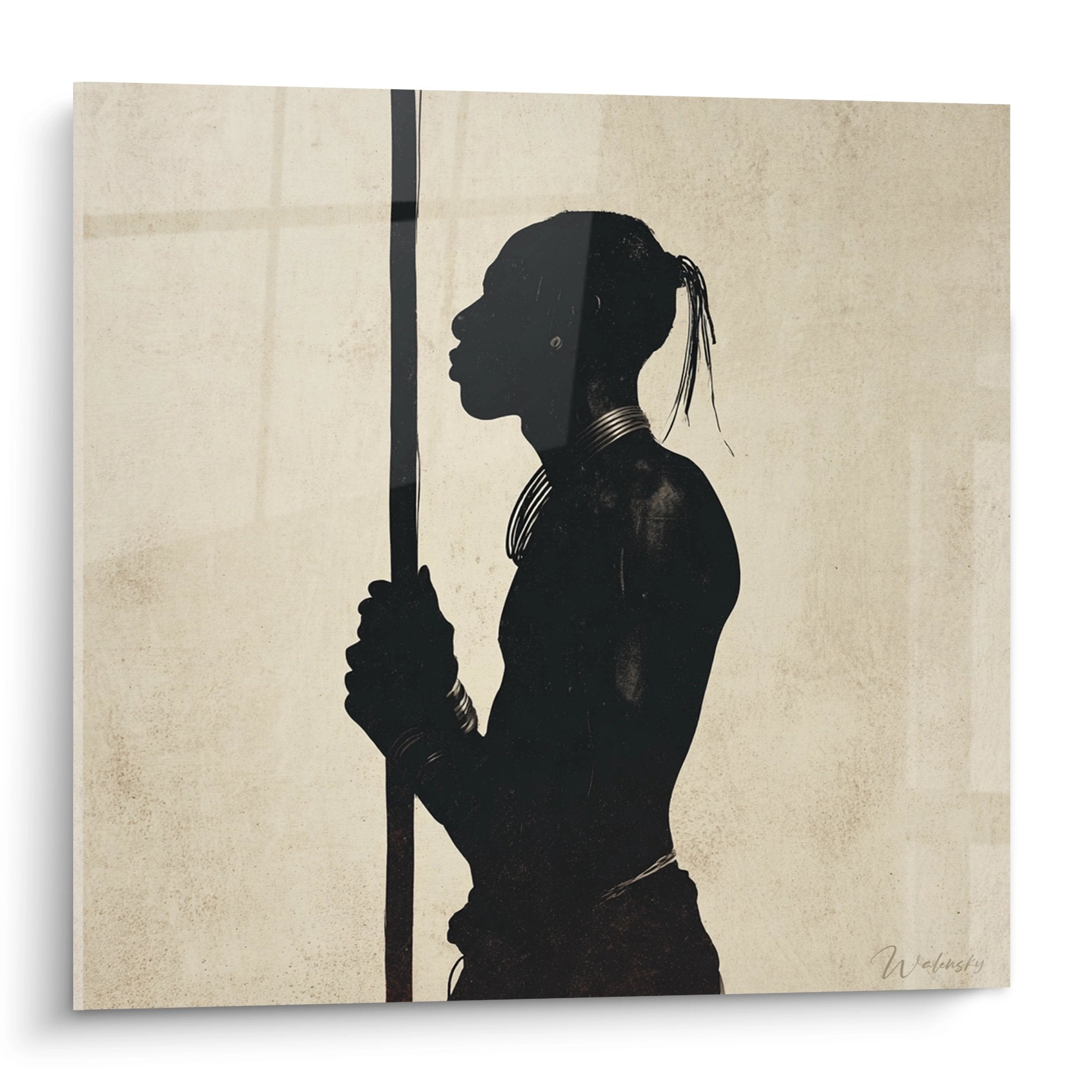 Traditional African warrior silhouette painting with spear on beige background, African culture wall art