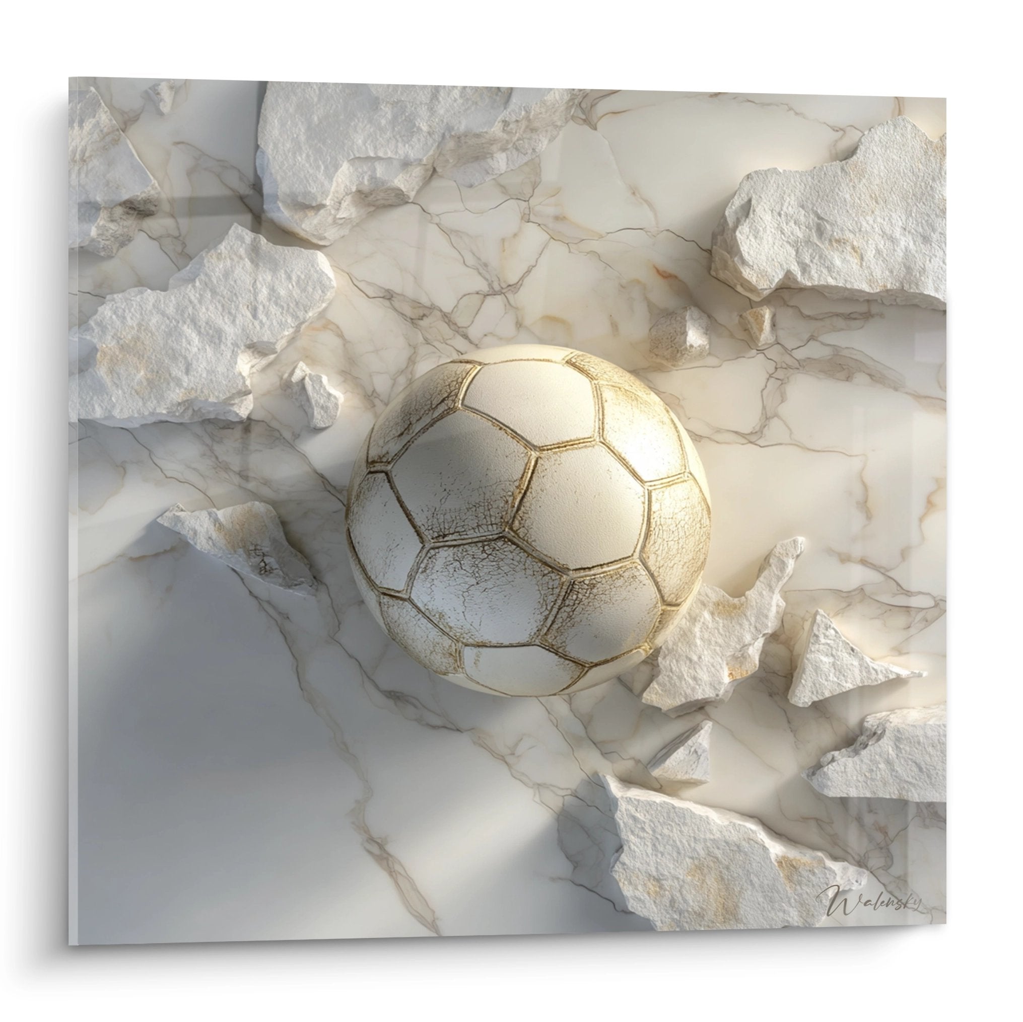 Tableau moderne ballon de football doré sur marbre blanc éclaté, art mural sportif contemporain