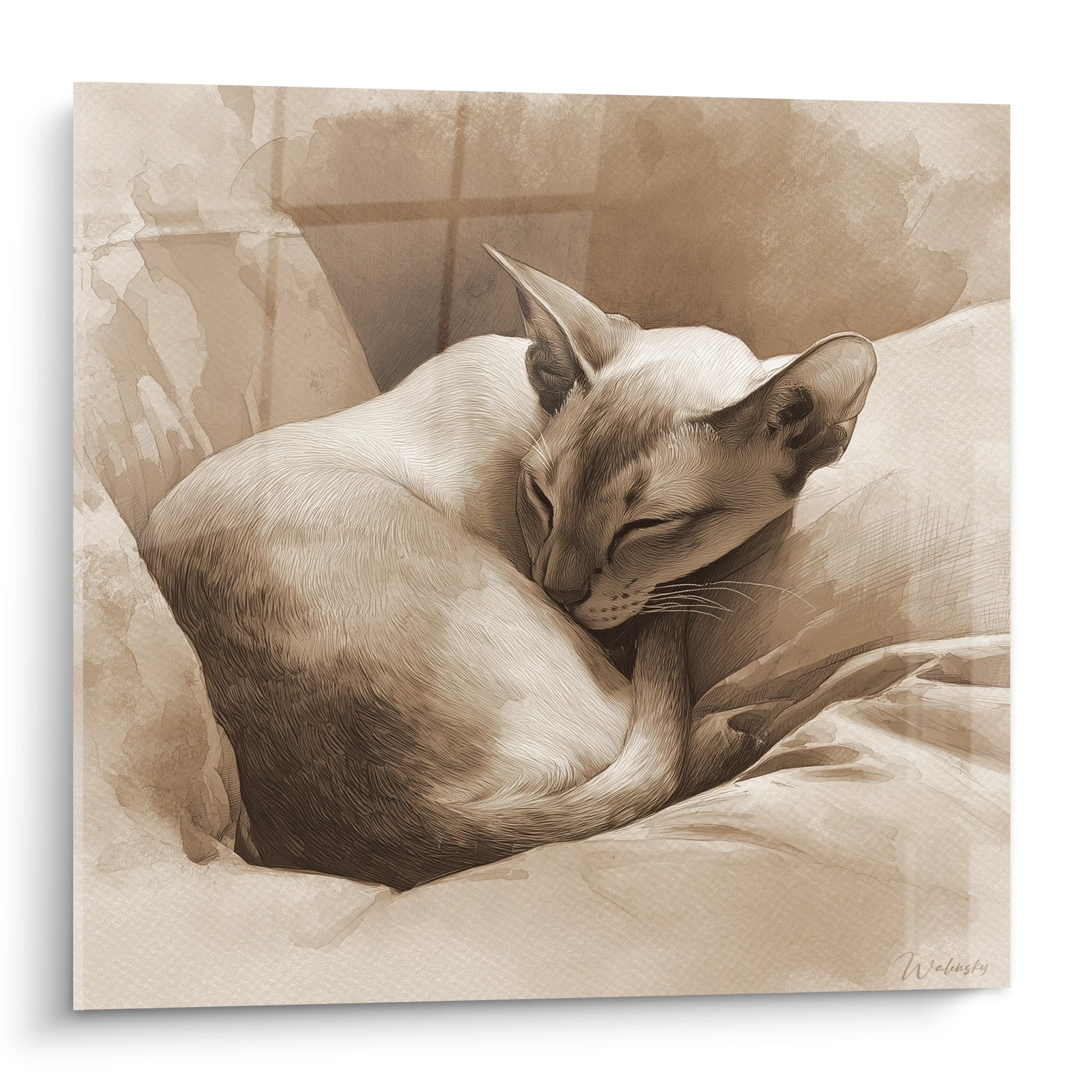 Tableau artistique d'un chat Singapura endormi aux tons beiges et dorés sur des draps moelleux