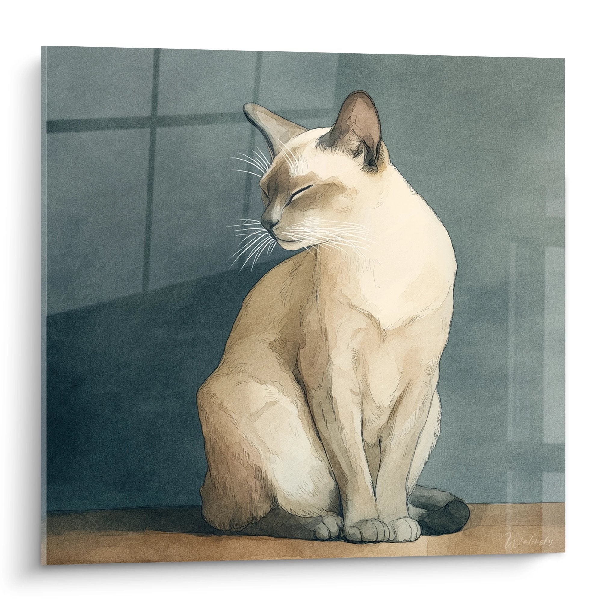 Quadro artistico di un gatto Tonkinese beige in posizione contemplativa su sfondo blu-grigio, arte felina moderna