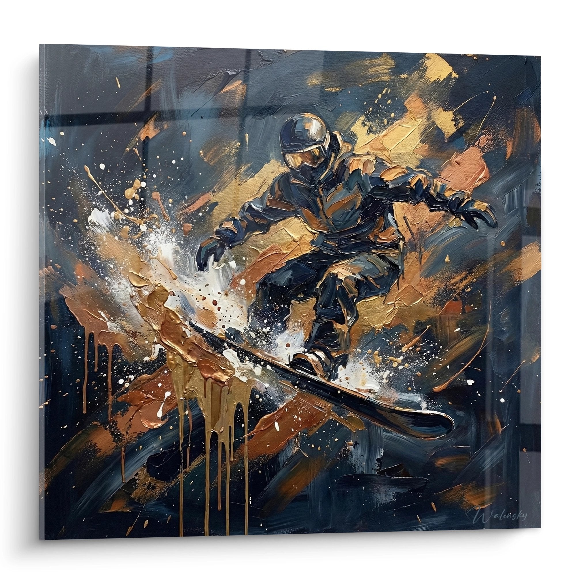 Tableau snowboard freestyle montrant un rider en action avec eclats dores et poudreuse dans style artistique moderne