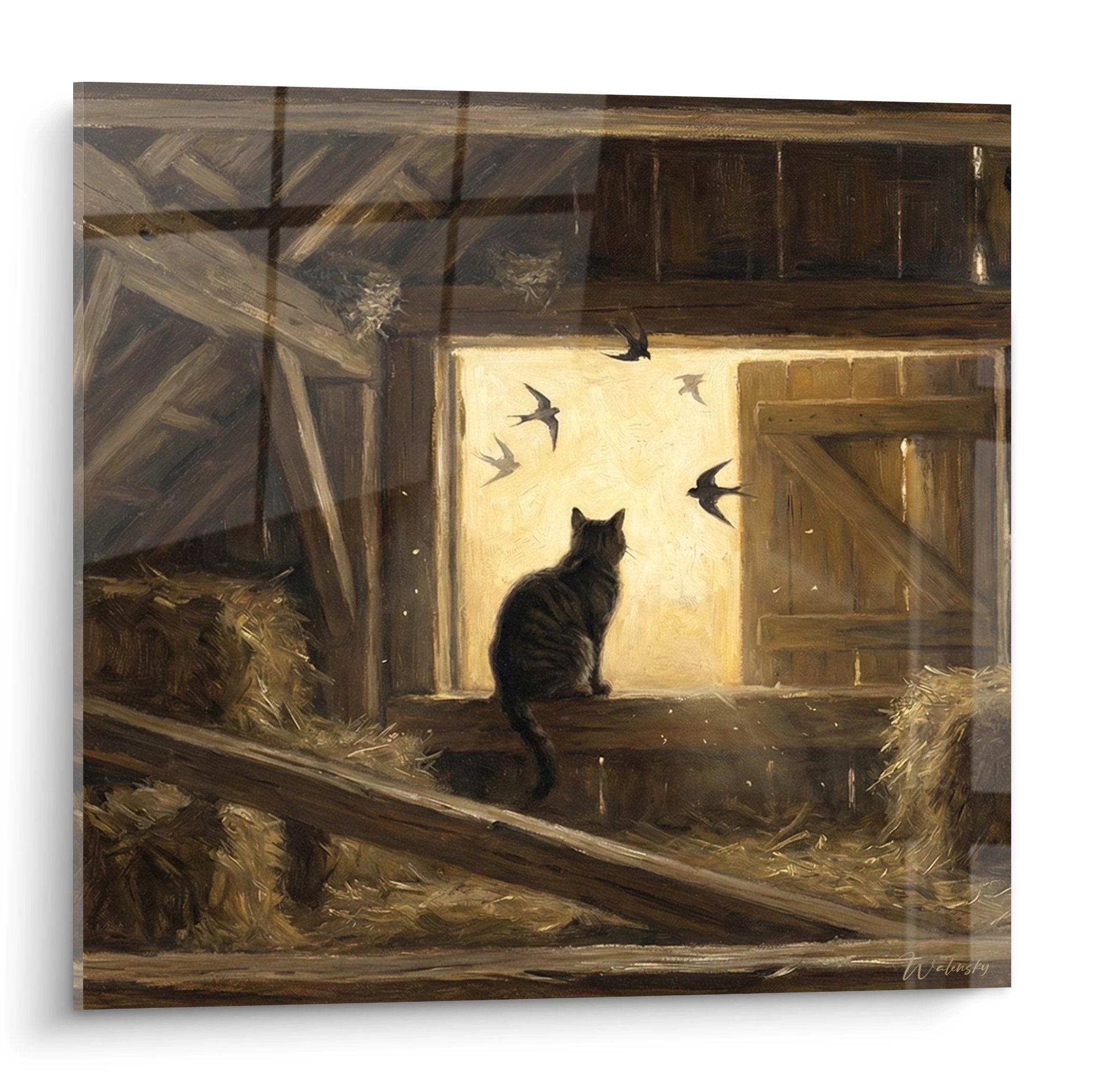 Tableau chat European Shorthair tigre assis fenetre grange rustique observant hirondelles vol ciel dore