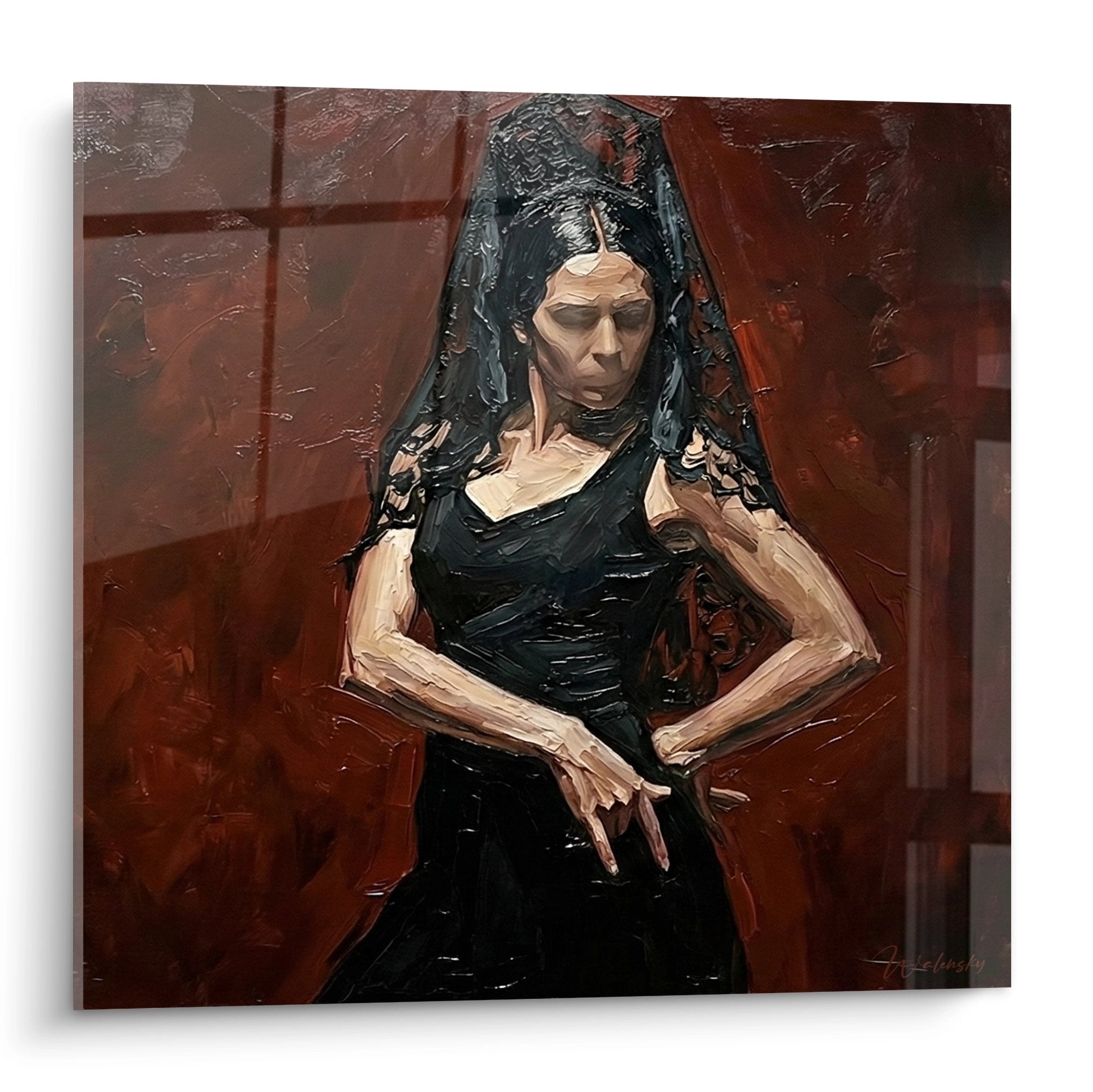 Quadro ballerina di flamenco in abito nero con velo, pittura espressionista danza spagnola decorazione murale