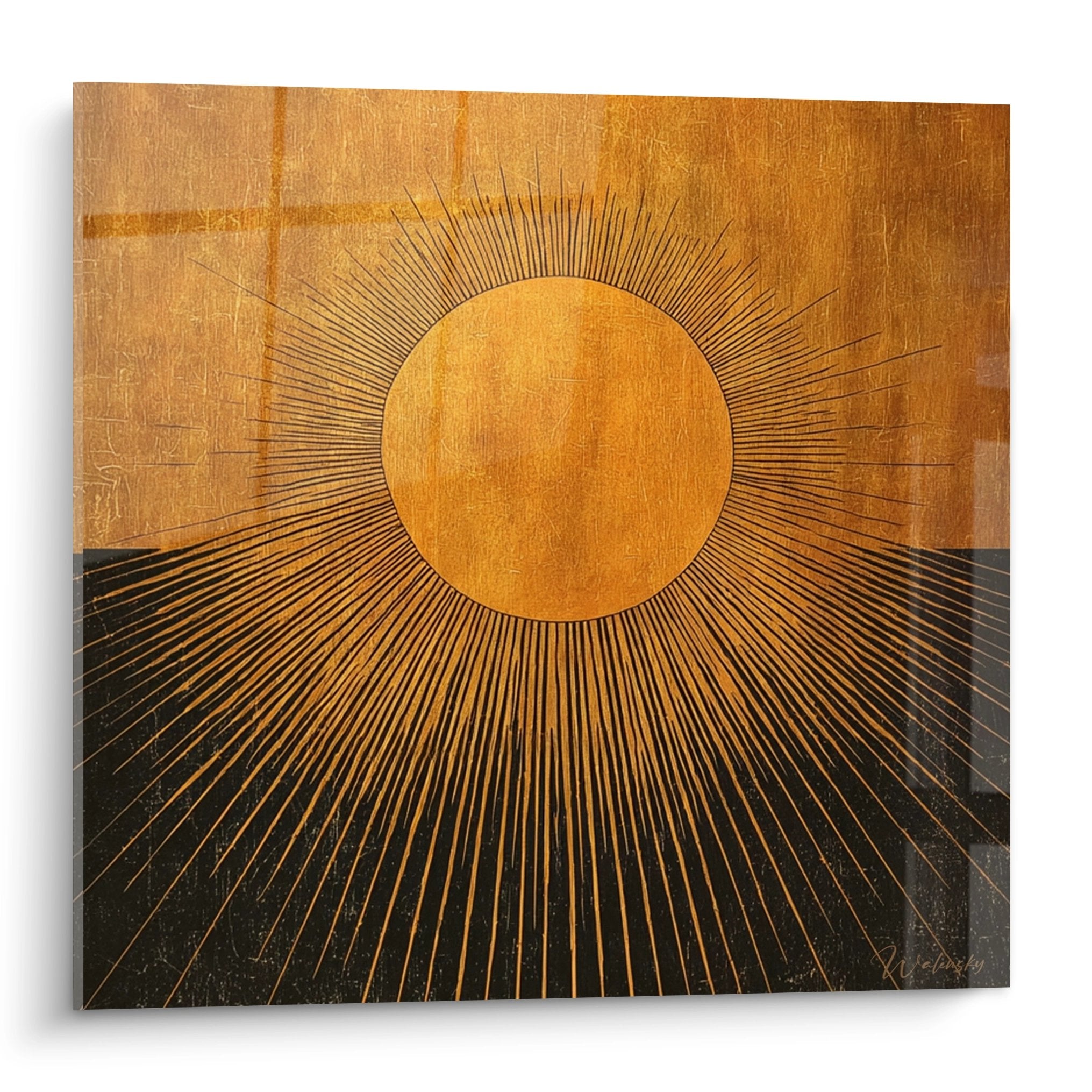 Quadro sole africano dorato con raggi dorati su sfondo strutturato, arte murale moderna paesaggi africani