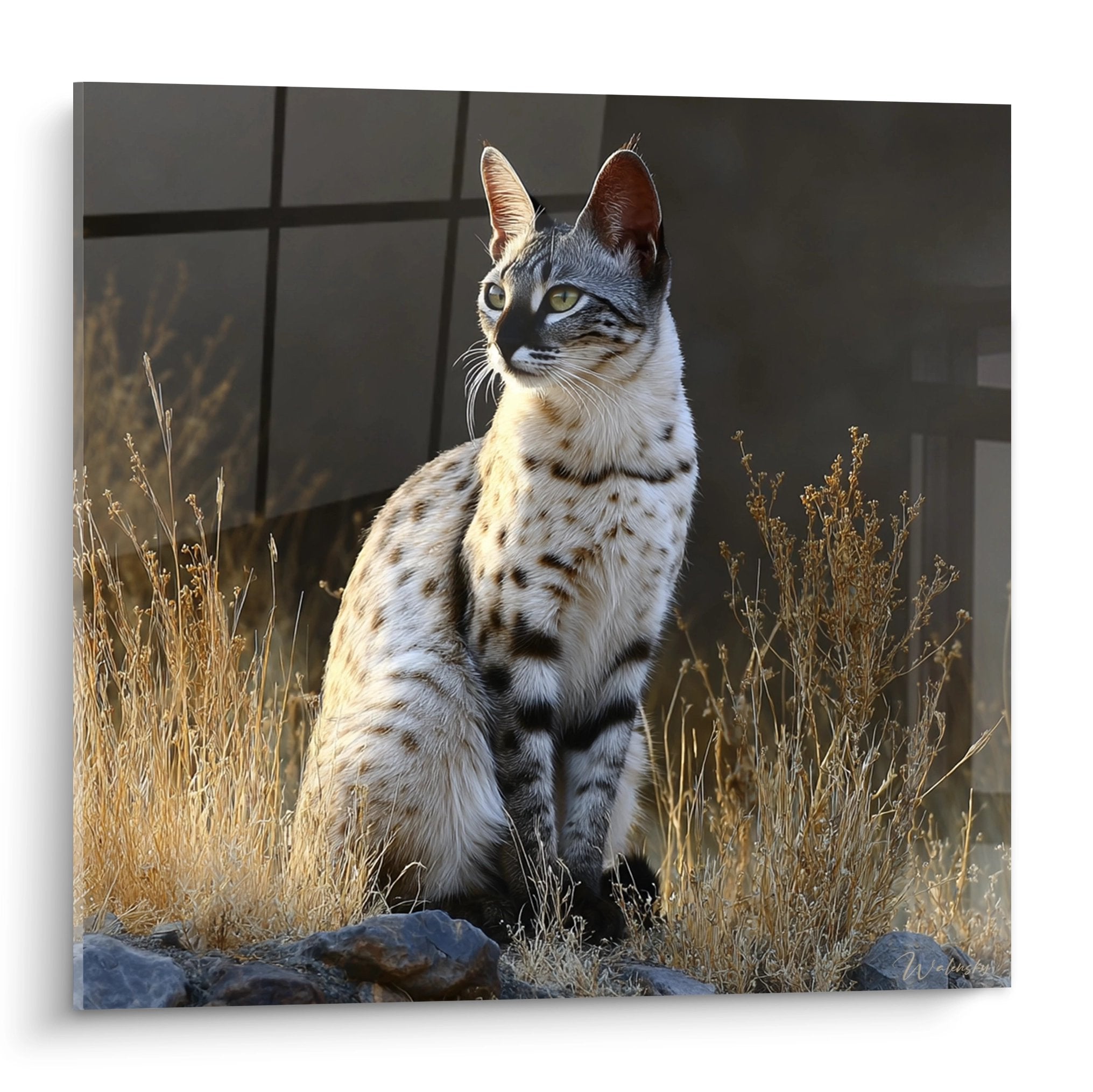 Quadro gatto Egyptian Mau seduto nell'erba dorata con mantello argentato maculato e occhi verdi penetranti