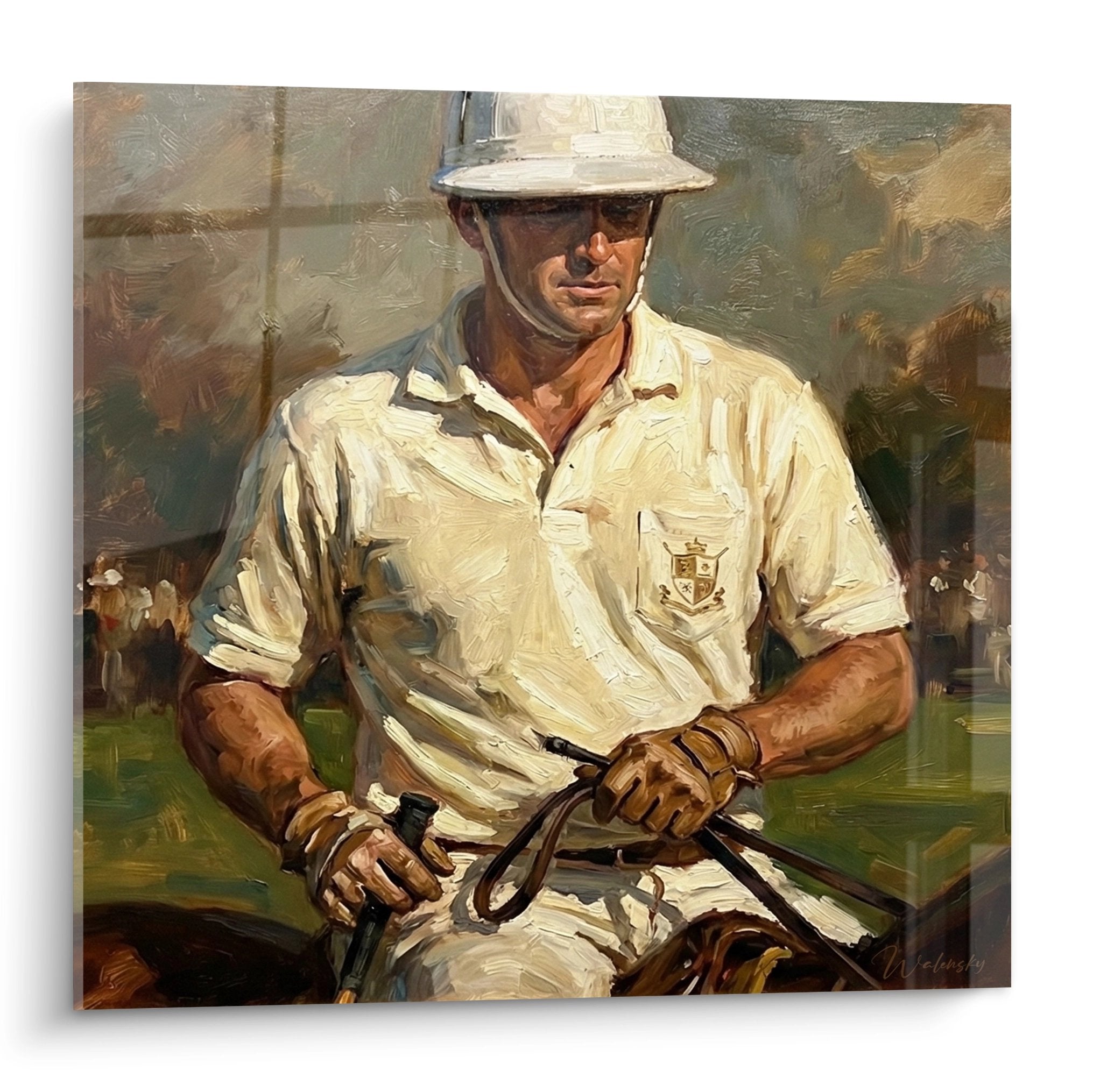 Painting of polo player in white outfit with helmet holding mallet and reins realistic style