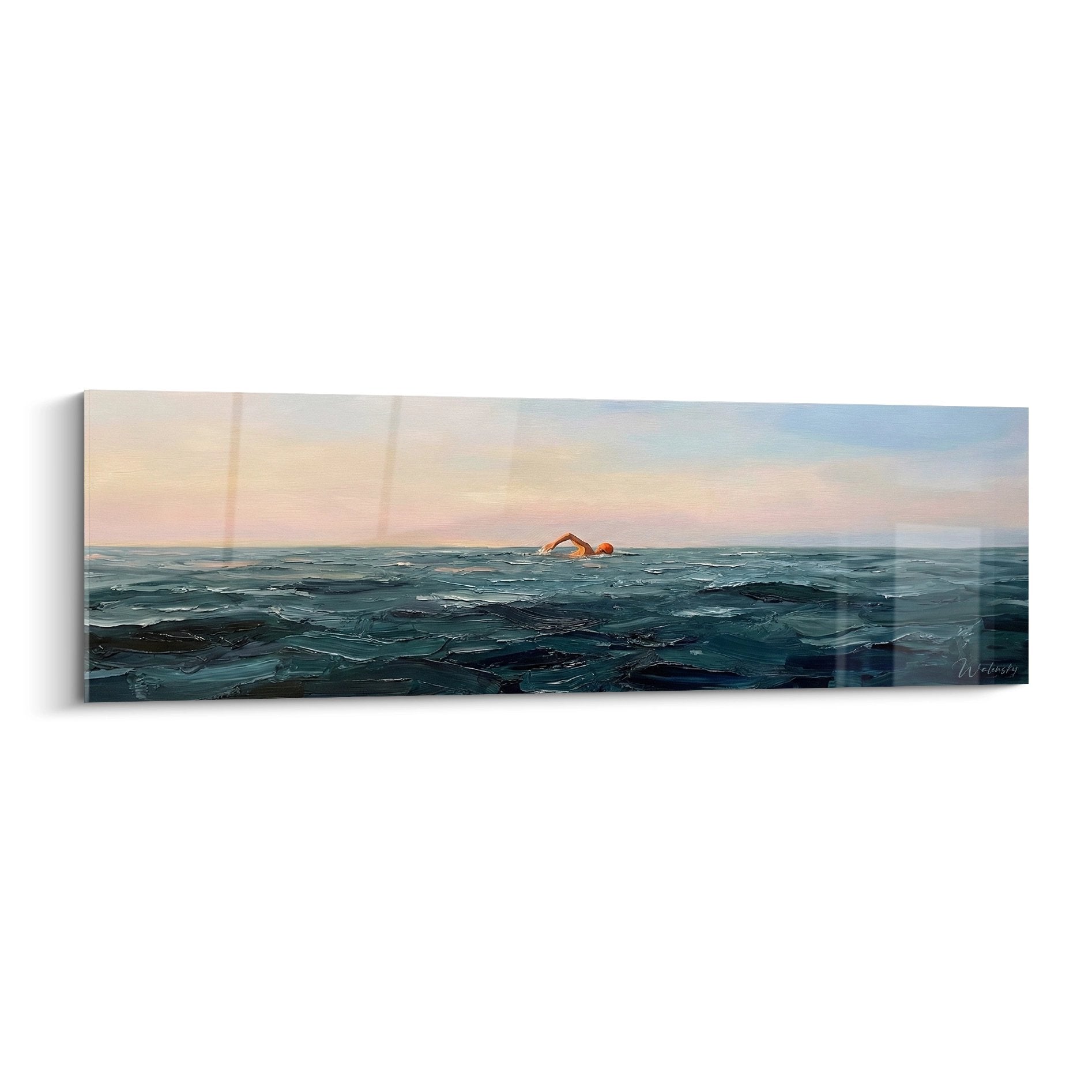 Tableau panoramique d'un nageur solitaire dans l'océan au coucher du soleil, style peinture impressionniste
