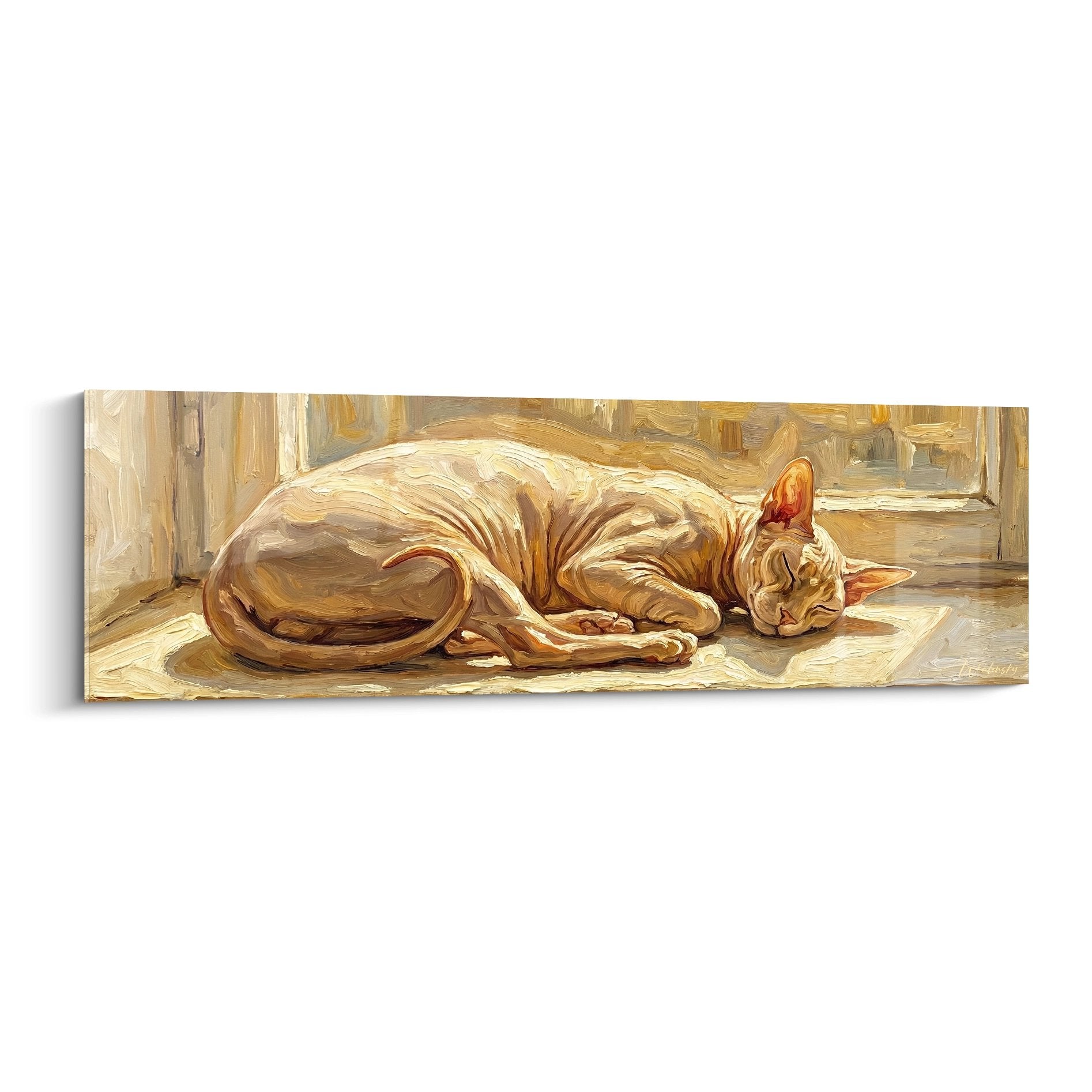 Quadro gatto addormentato toni dorati su tappeto, pittura felina rilassante decorazione murale Peterbald