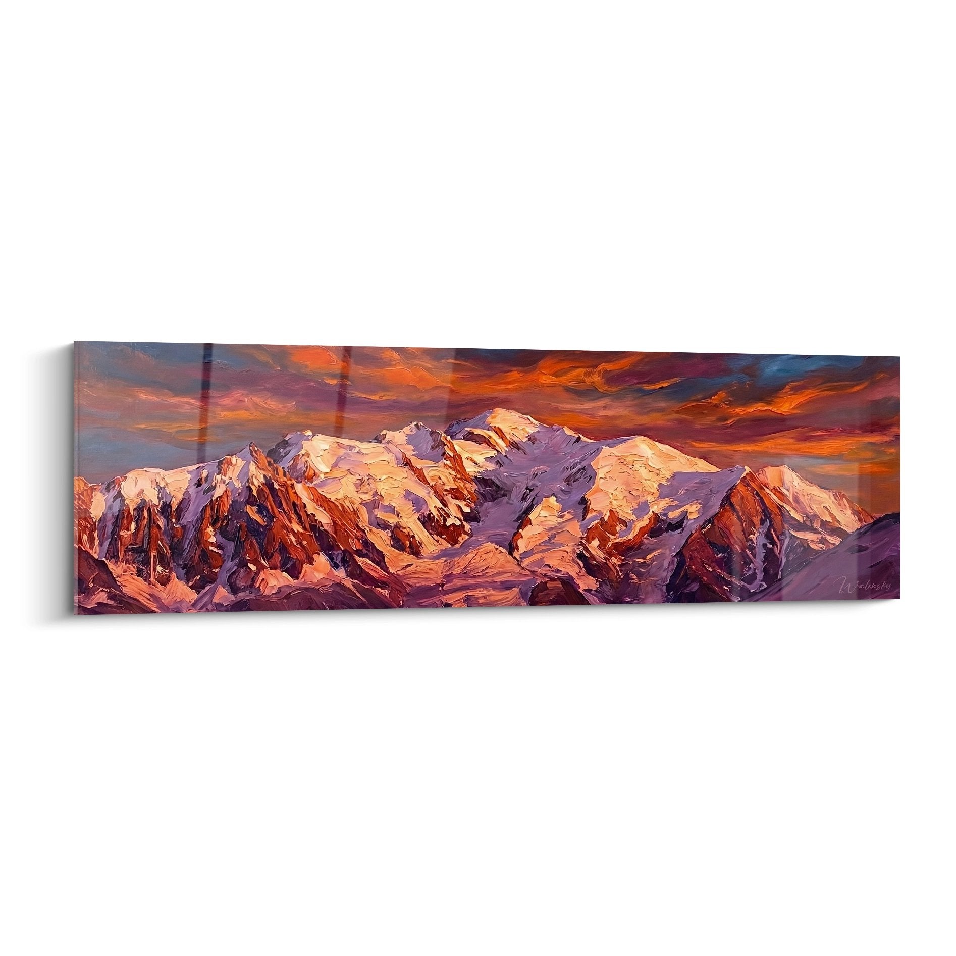Massive panoramic mountain landscape painting sunset orange purple hues snow-capped peaks wall art decoration