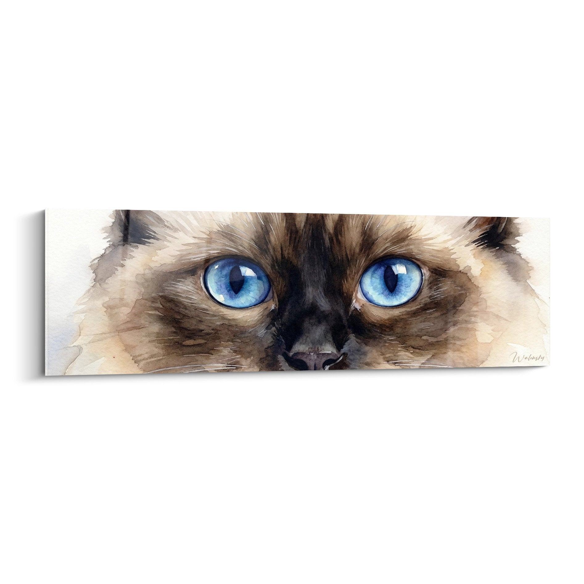 Quadro acquerello gatto Ragdoll con occhi blu intensi, ritratto artistico felino per decorazione murale