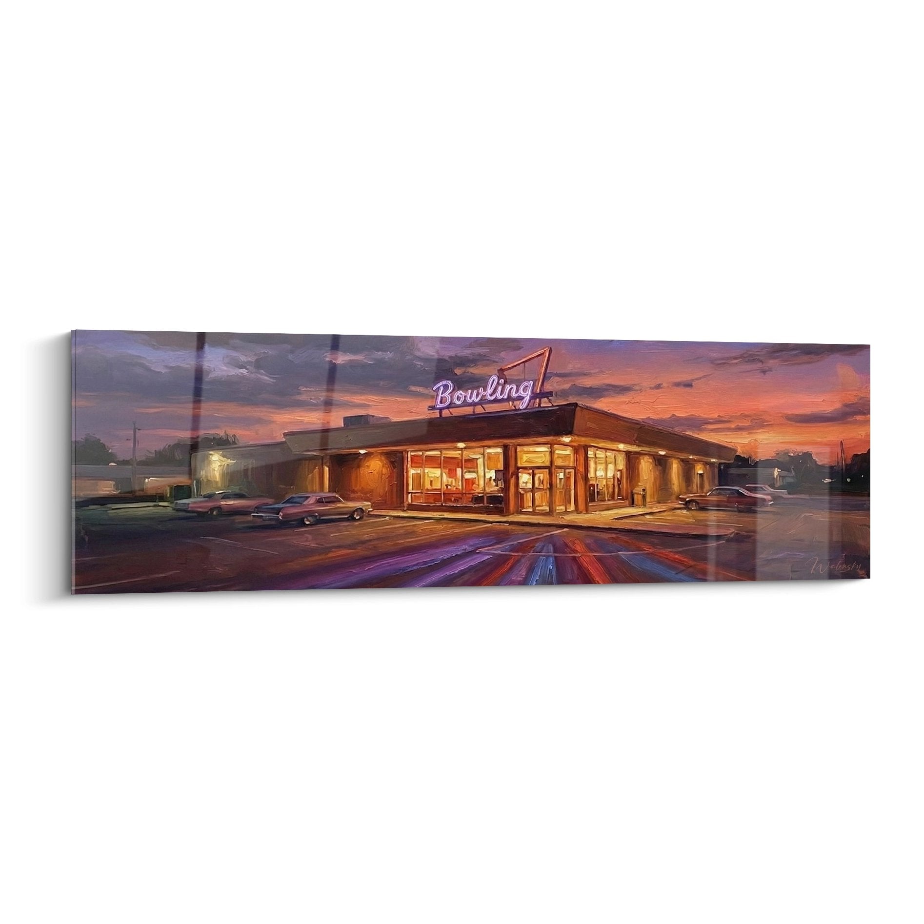Tableau bowling vintage américain au coucher soleil avec enseigne néon rose et voitures rétro - décoration murale