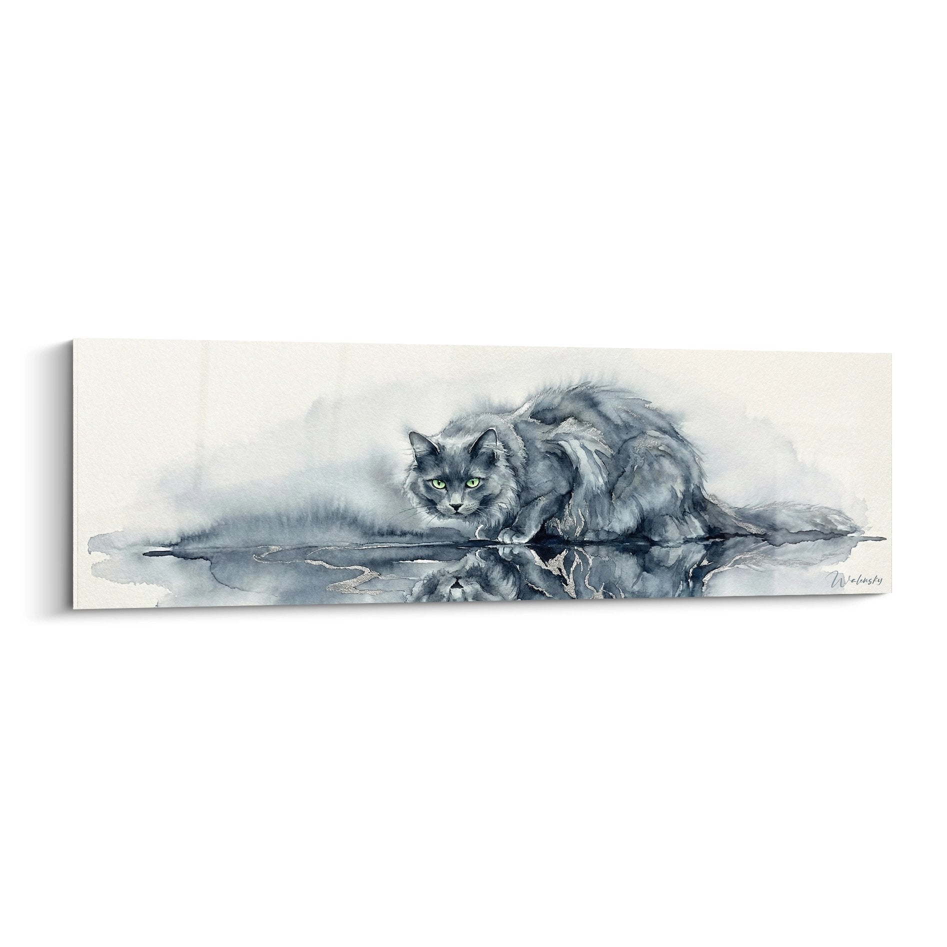 Quadro acquerello gatto Nebelung grigio blu posa contemplativa arte murale decorazione interiore elegante