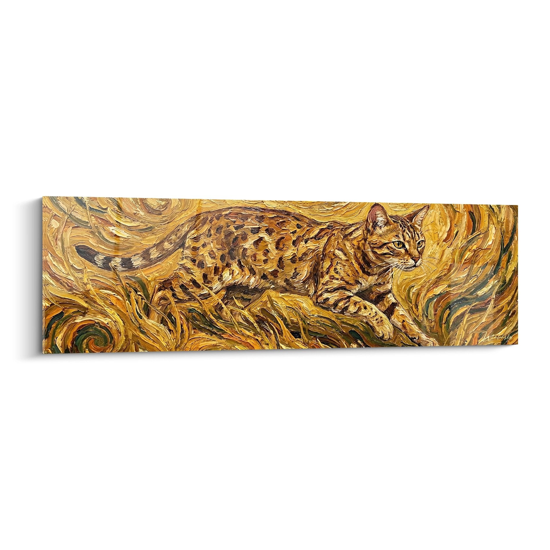 Tableau artistic chat Ocicat style Van Gogh avec tourbillons dorés et motifs tachetés sur toile décorative