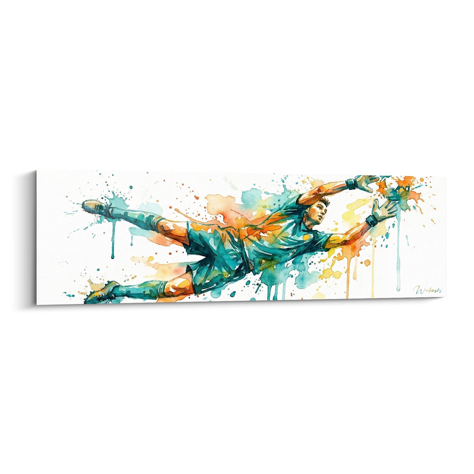Tableau moderne footballeur en tacle spectaculaire style aquarelle tons turquoise orange