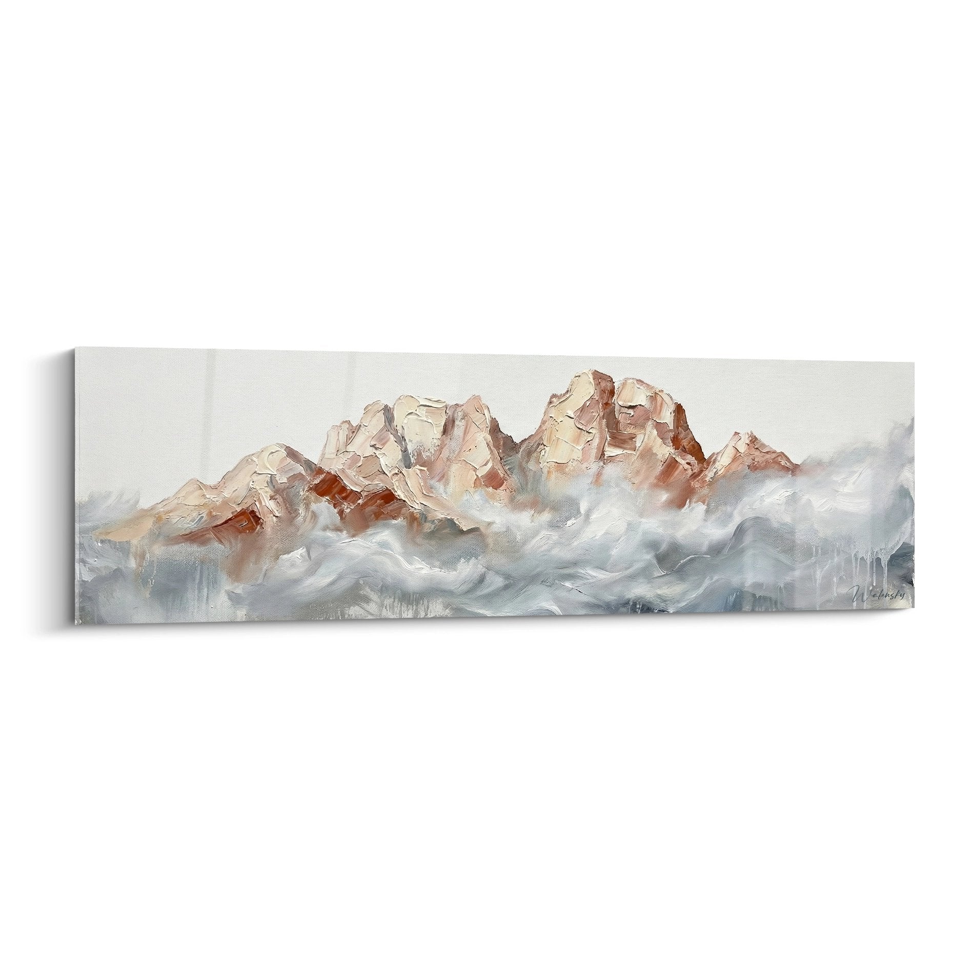 Panoramic mountain painting misty tones ochre, rocky peaks emerge from white grey clouds, alpine painting style