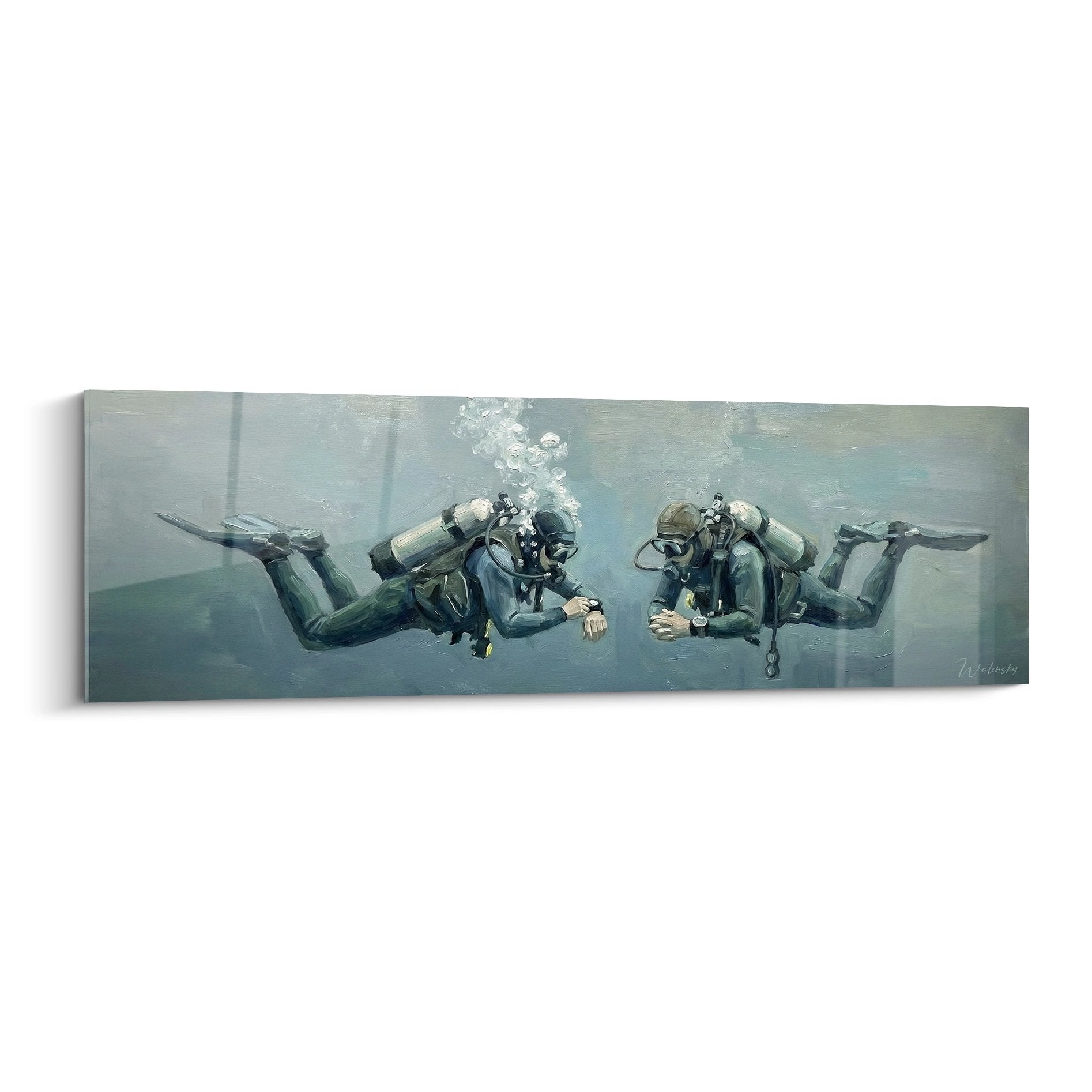 Tableau artistique représentant deux plongeurs sous-marins en exploration avec équipements complets et bulles