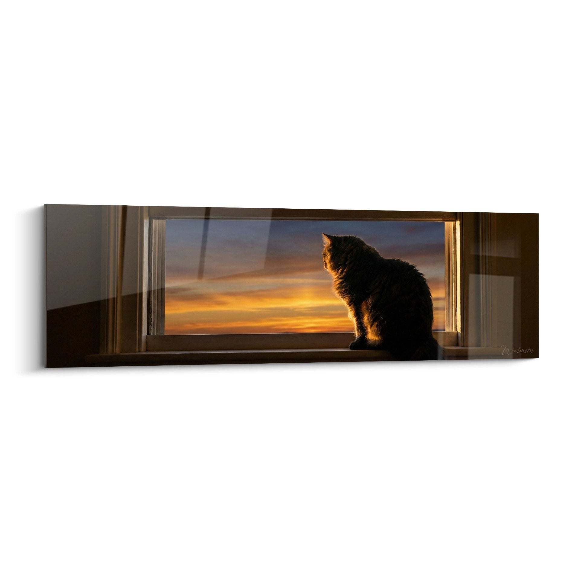 Tableau panoramique chat noir assis fenetre coucher soleil dore decoration murale ragamuffin