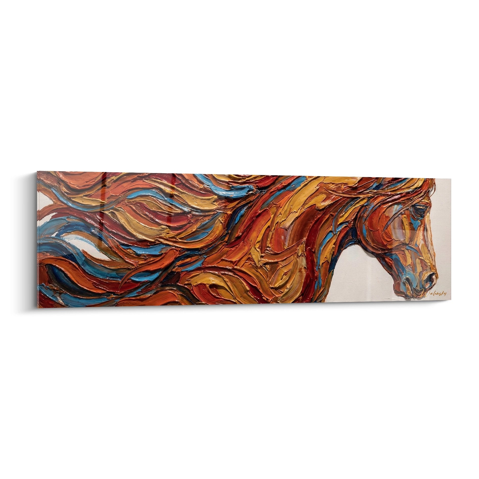 Tableau abstrait de cheval avec crinière multicolore aux tons orange, rouge et bleu sur toile moderne