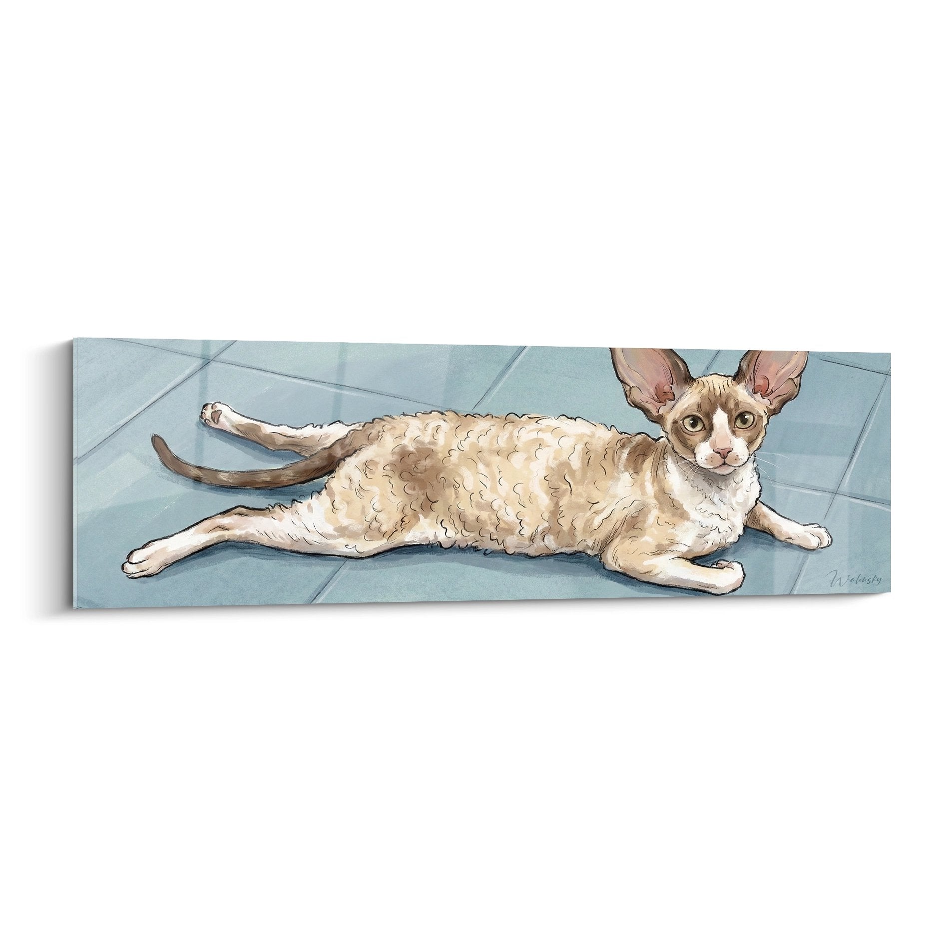 Tableau artistique chat Cornish Rex crème allongé sur carrelage bleu, pelage bouclé caractéristique, regard expressif