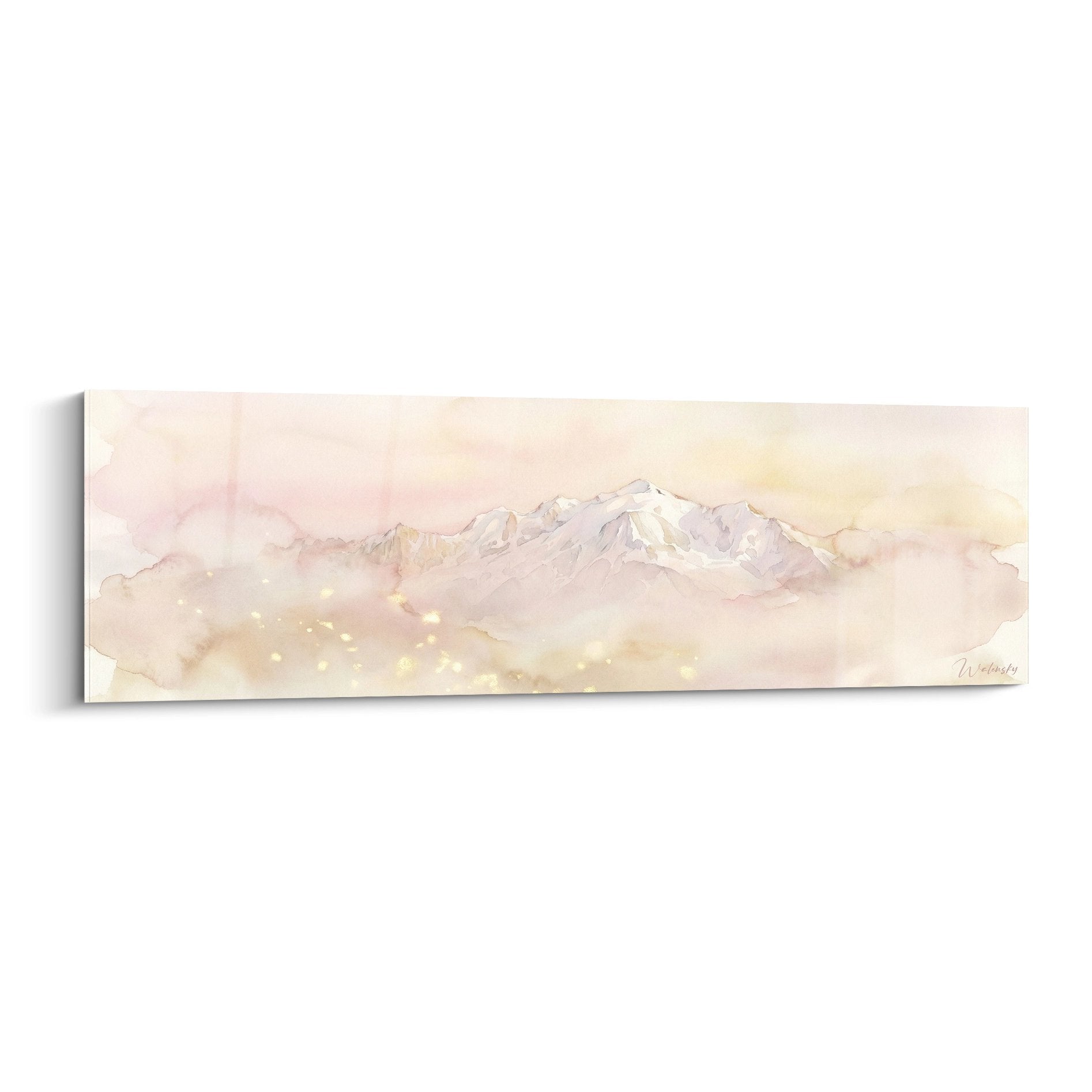 Mont Blanc watercolor painting golden and pink tones with ethereal clouds premium wall art