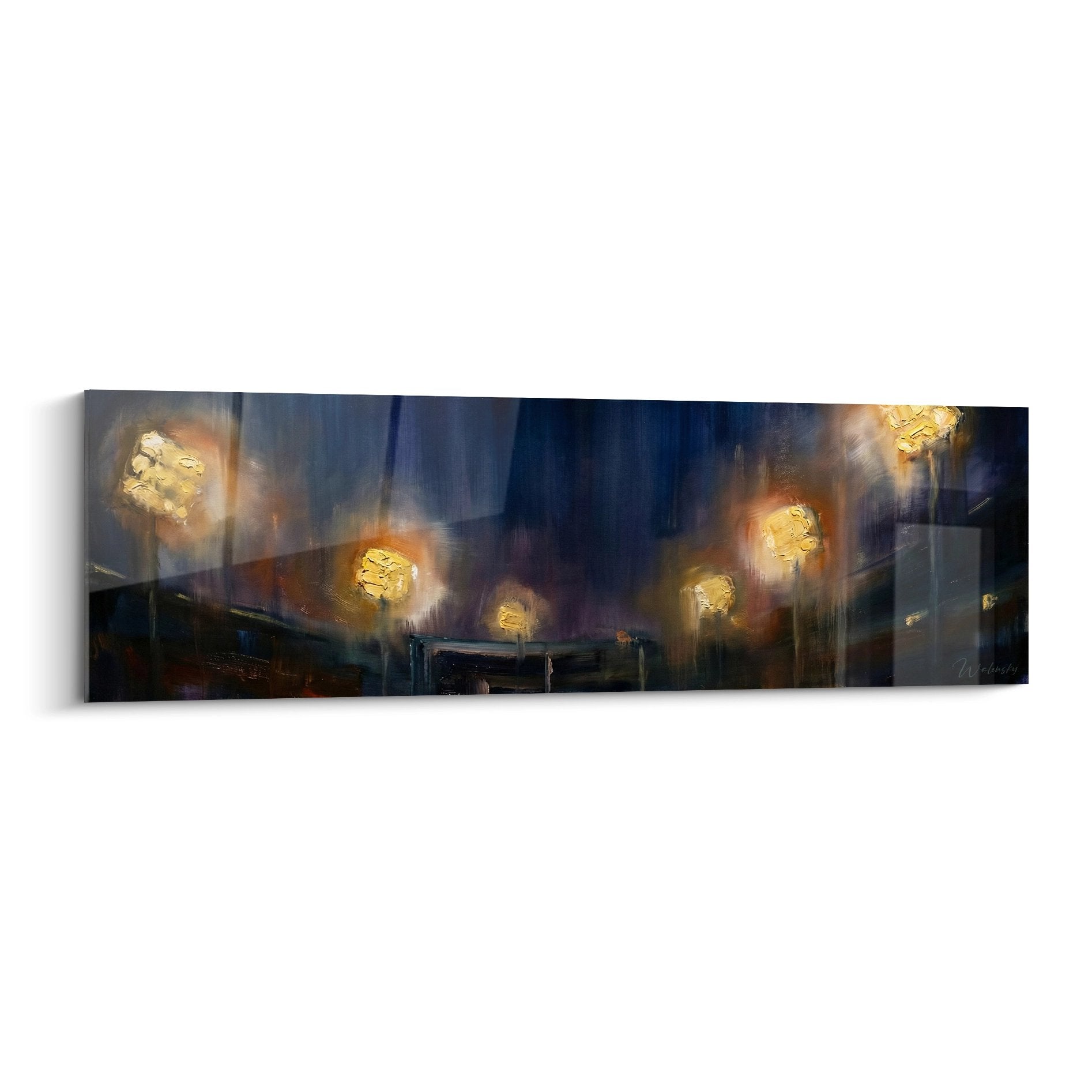 Tableau artistique representant un stade de baseball illumine la nuit avec des projecteurs dores