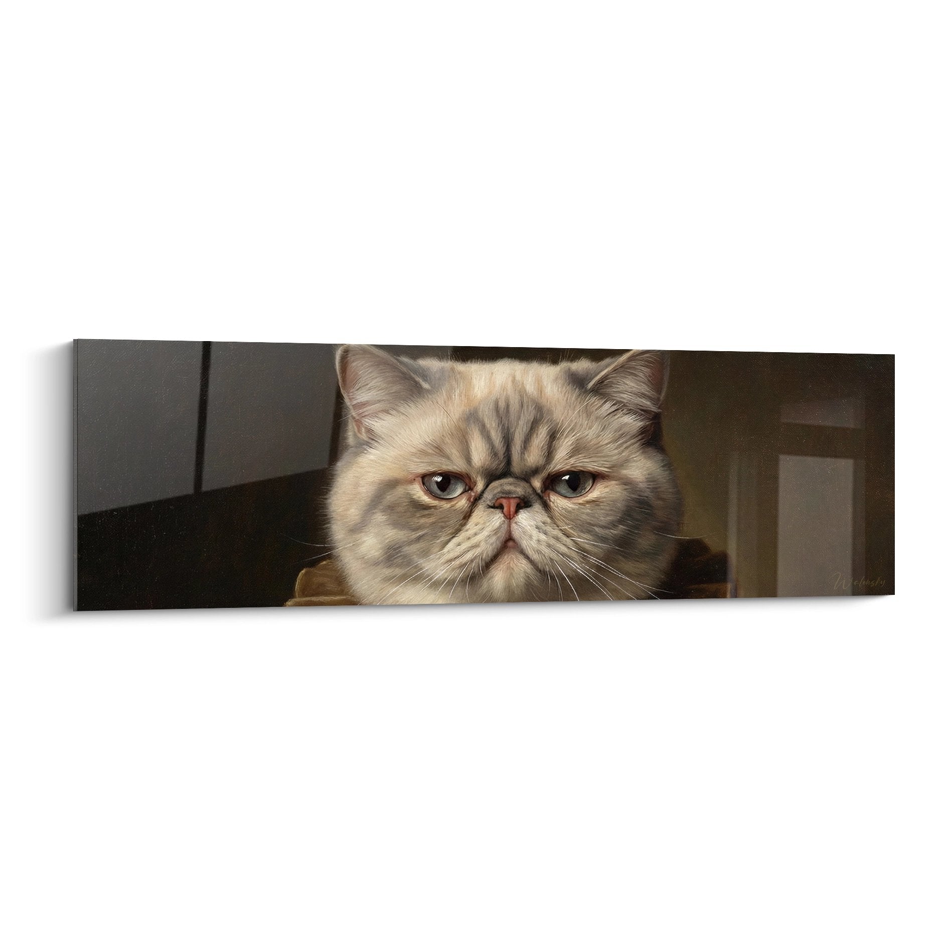 Ritratto artistico di un gatto Exotic Shorthair con sguardo intenso, mantello tigrato beige e crema, stile realistico