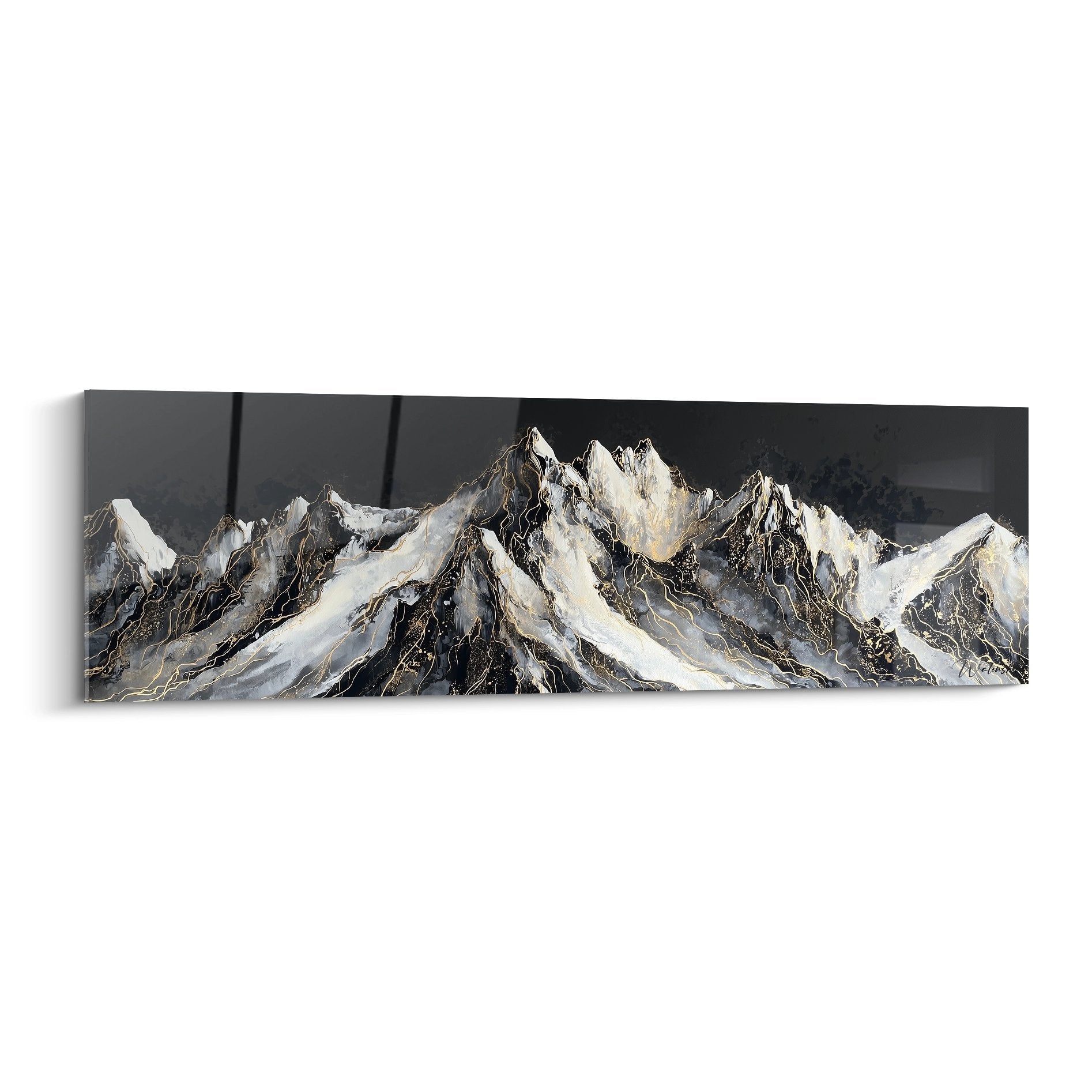 Panoramic mountain wall art with snowy peaks and golden reflections on modern canvas