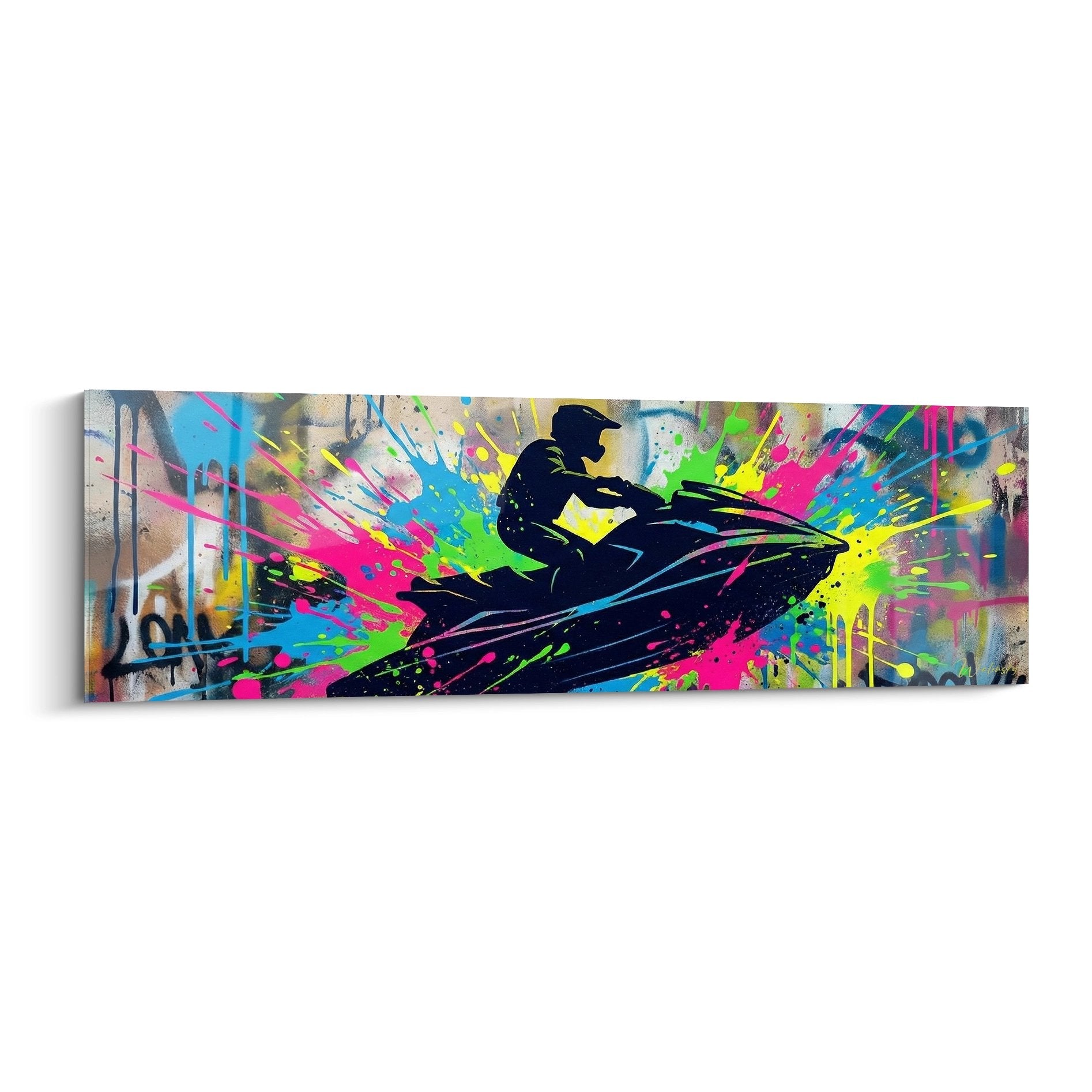 Tableau jetski graffiti coloré avec silhouette noire sur fond d'explosion de couleurs vives street art