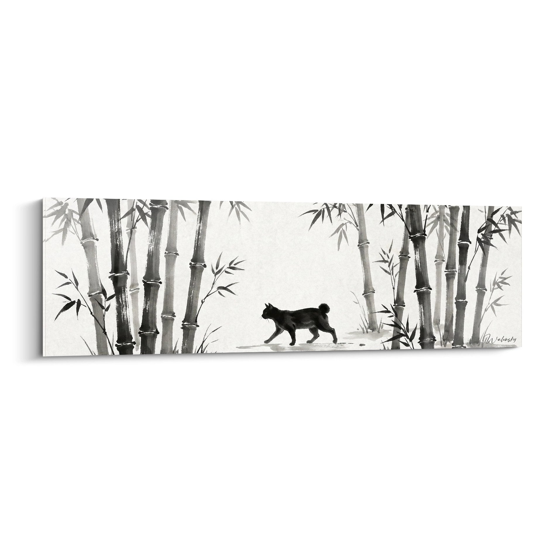 Tableau zen chat noir dans bambouseraie style japonais encre de Chine decoration murale