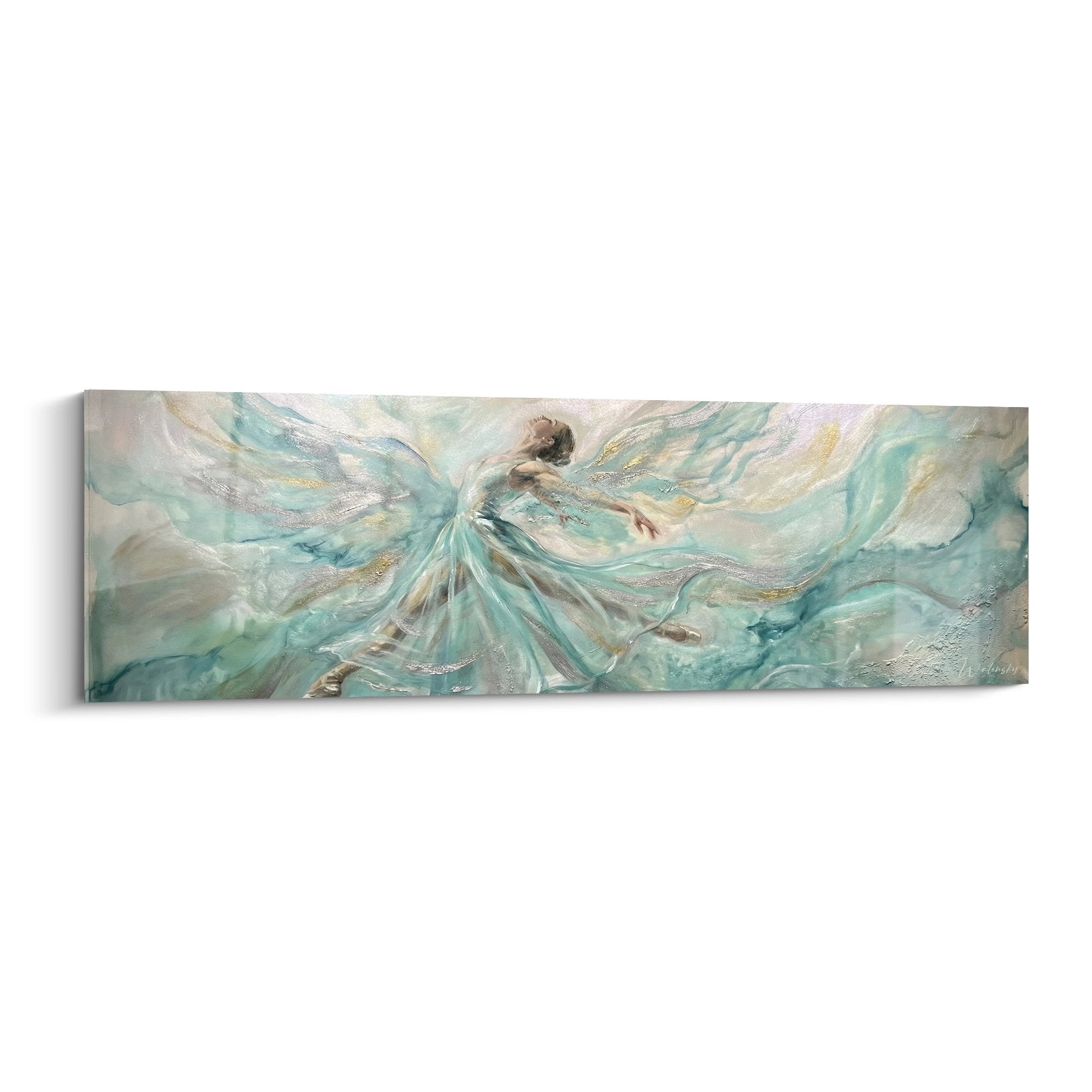 Quadro moderno ballerina acquatica tonalità turchese e oro su tela grande formato decorazione murale danza