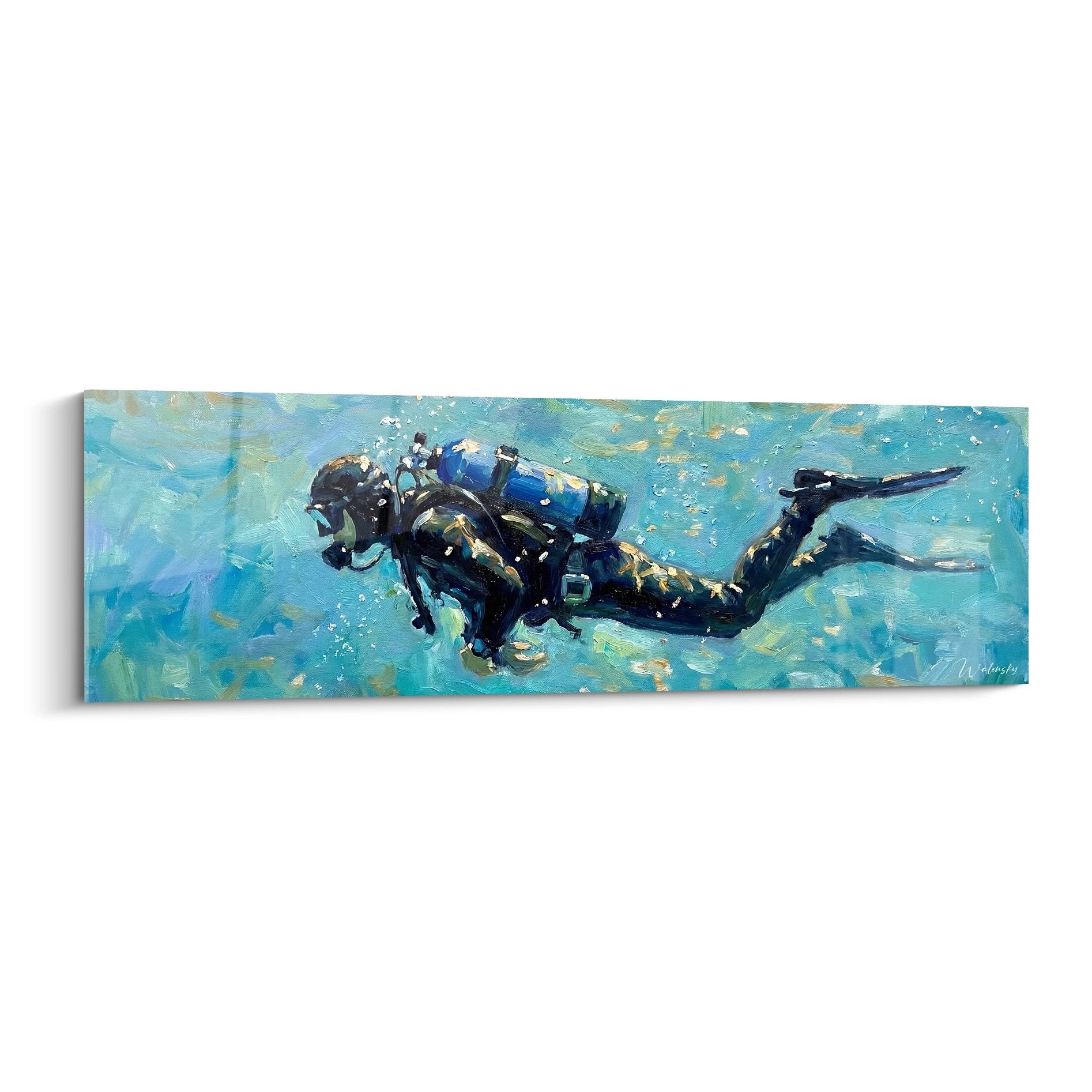 Artistic wall art depicting an underwater diver exploring in turquoise waters