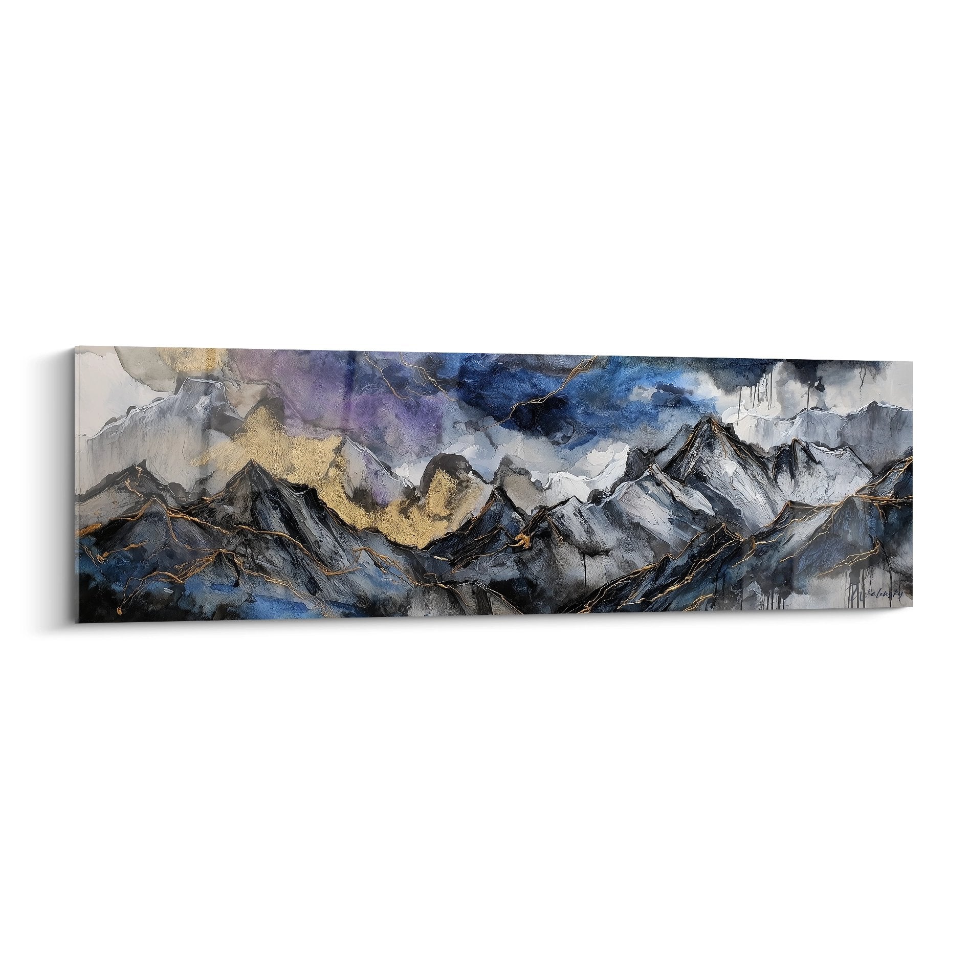 Abstract mountain painting in blue and gold tones representing stylized peaks - The Dolomites Edition