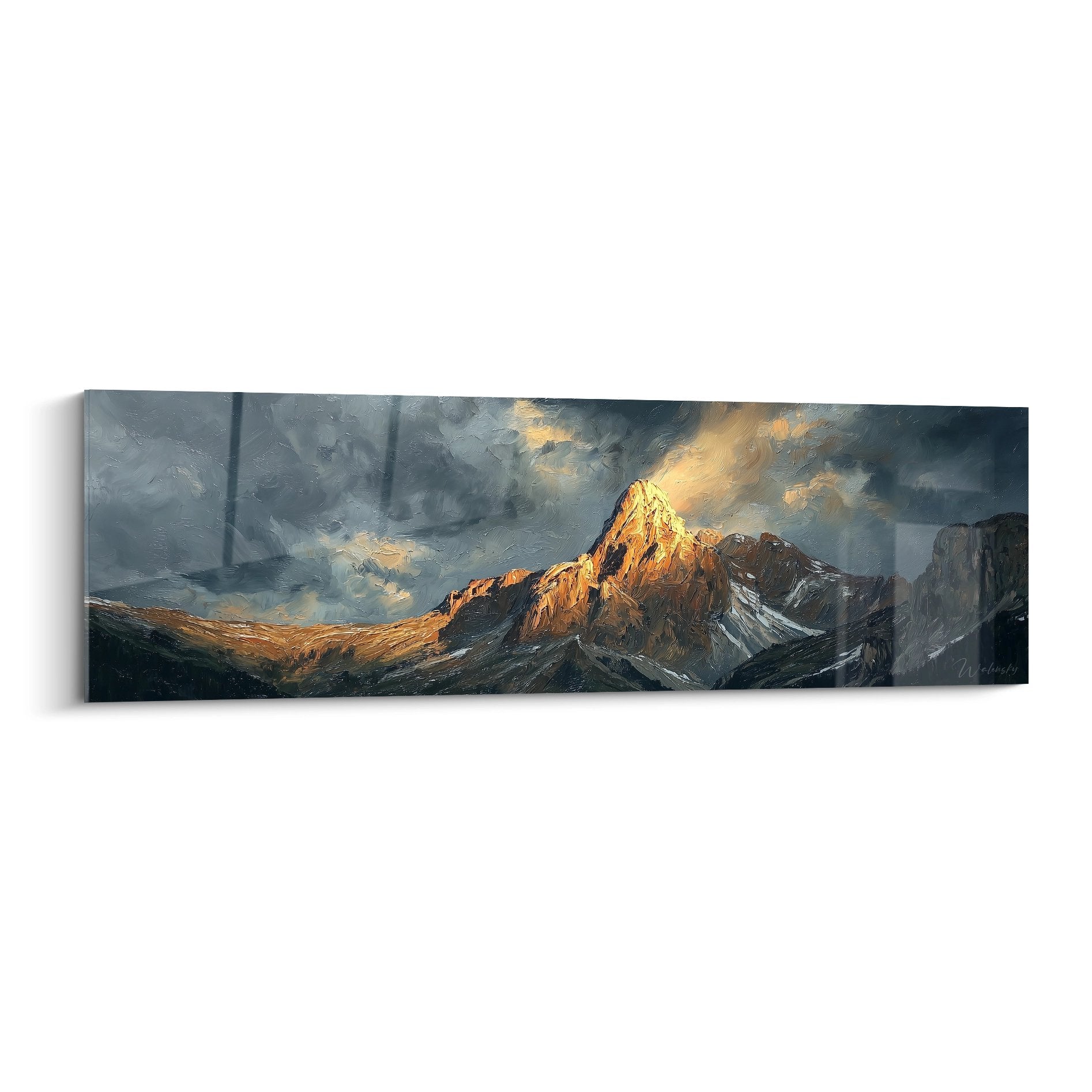 Panoramic artwork of the Dolomites with peaks illuminated by golden light under stormy sky - wall art painting