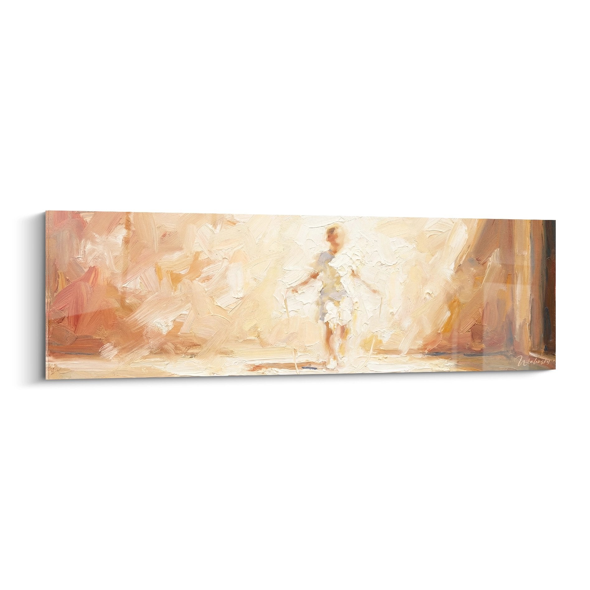 Impressionist wall art depicting a ballerina in white tutu with gold and pink tones